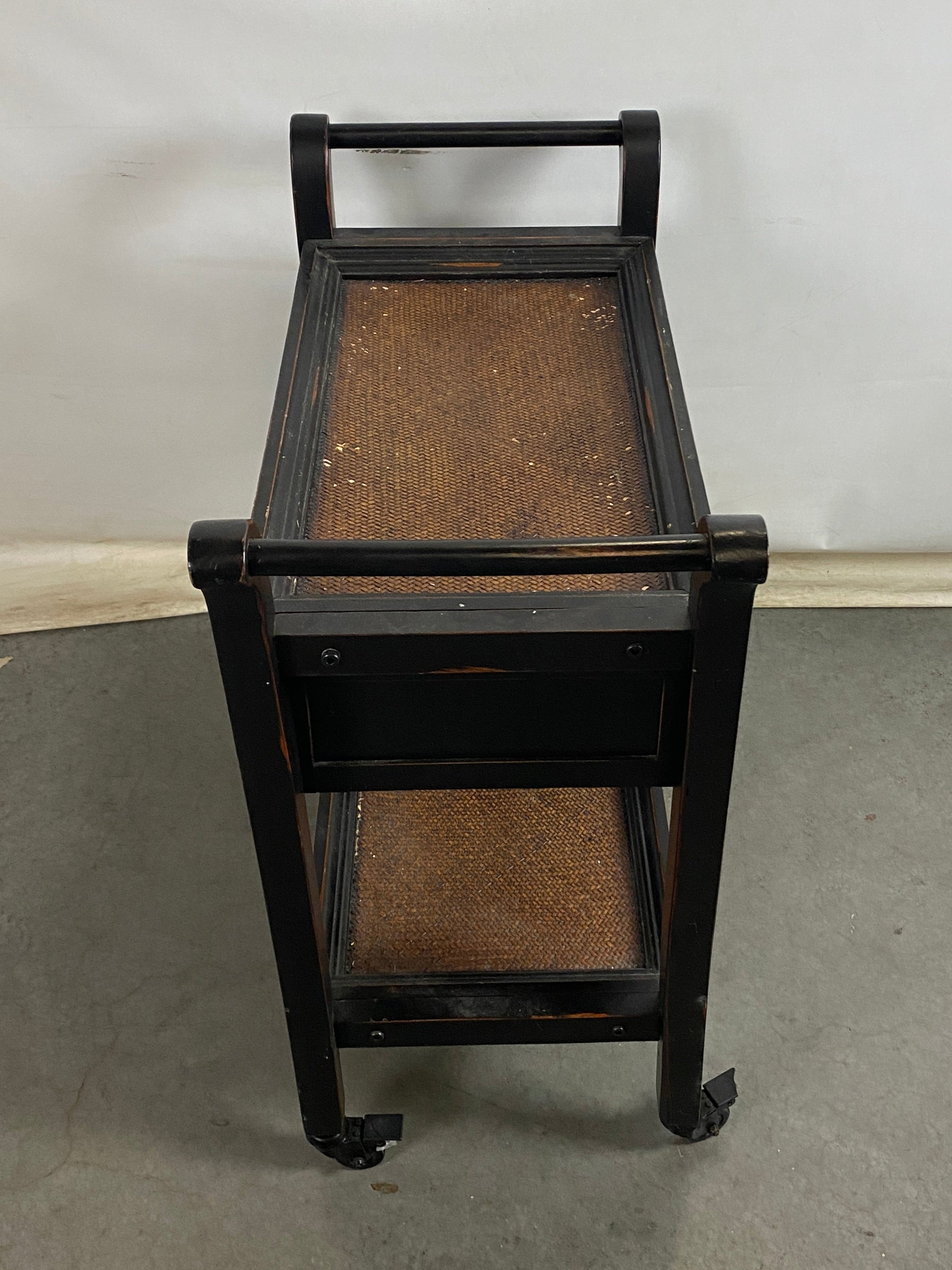 Wood and Wicker 2 Drawer Rolling Handled Cart
