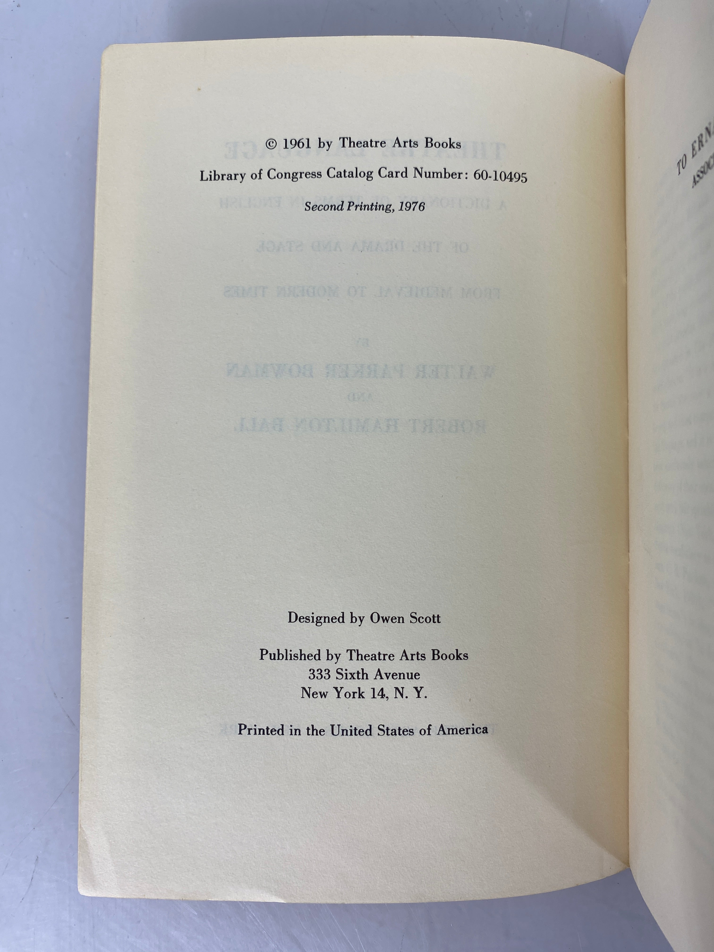 Theatre Language A Dictionary of Terms by Bowman & Ball 1976 2nd Printing SC