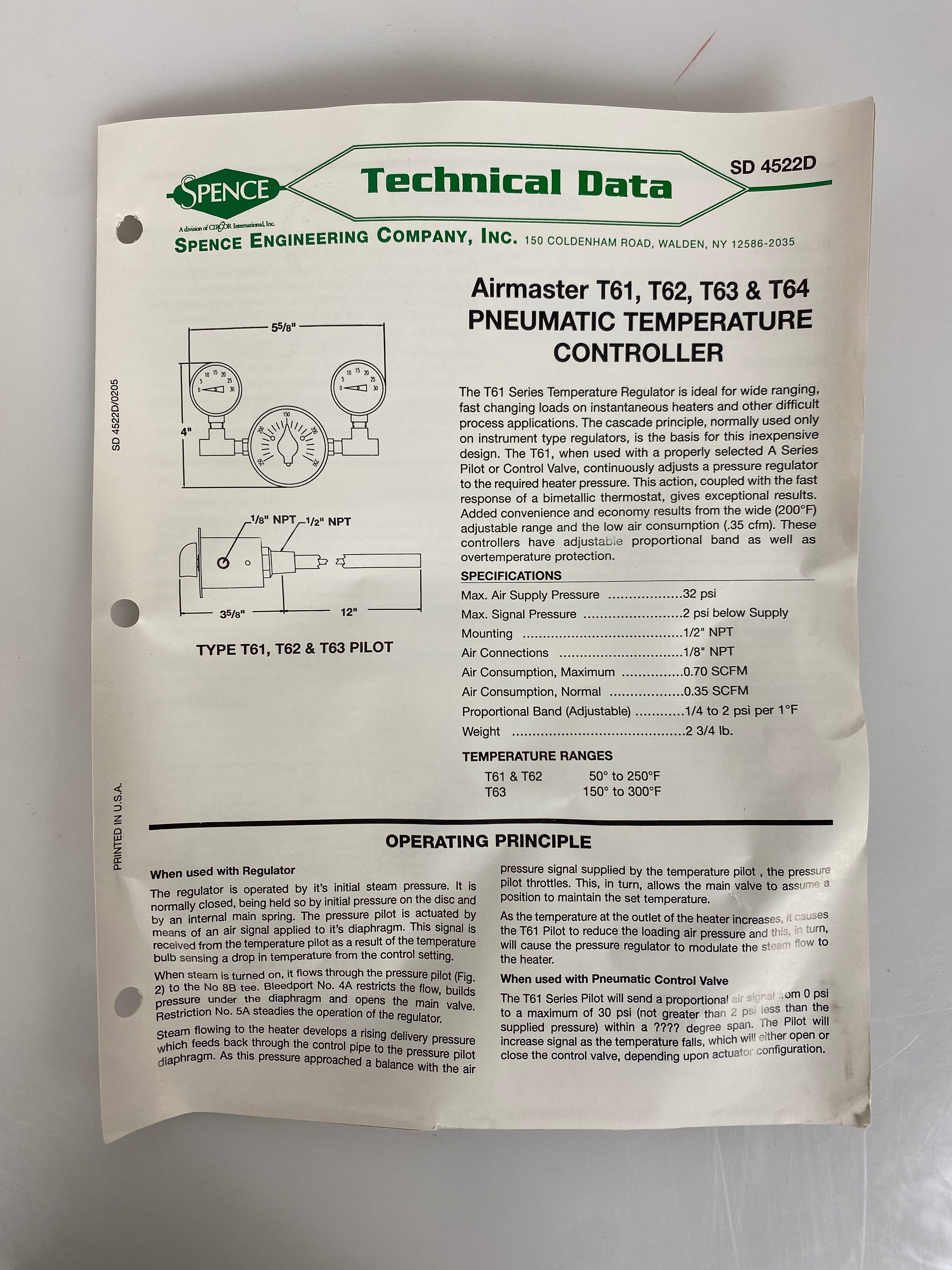 Spence Pneumatic Temperature Controller T61 Series
