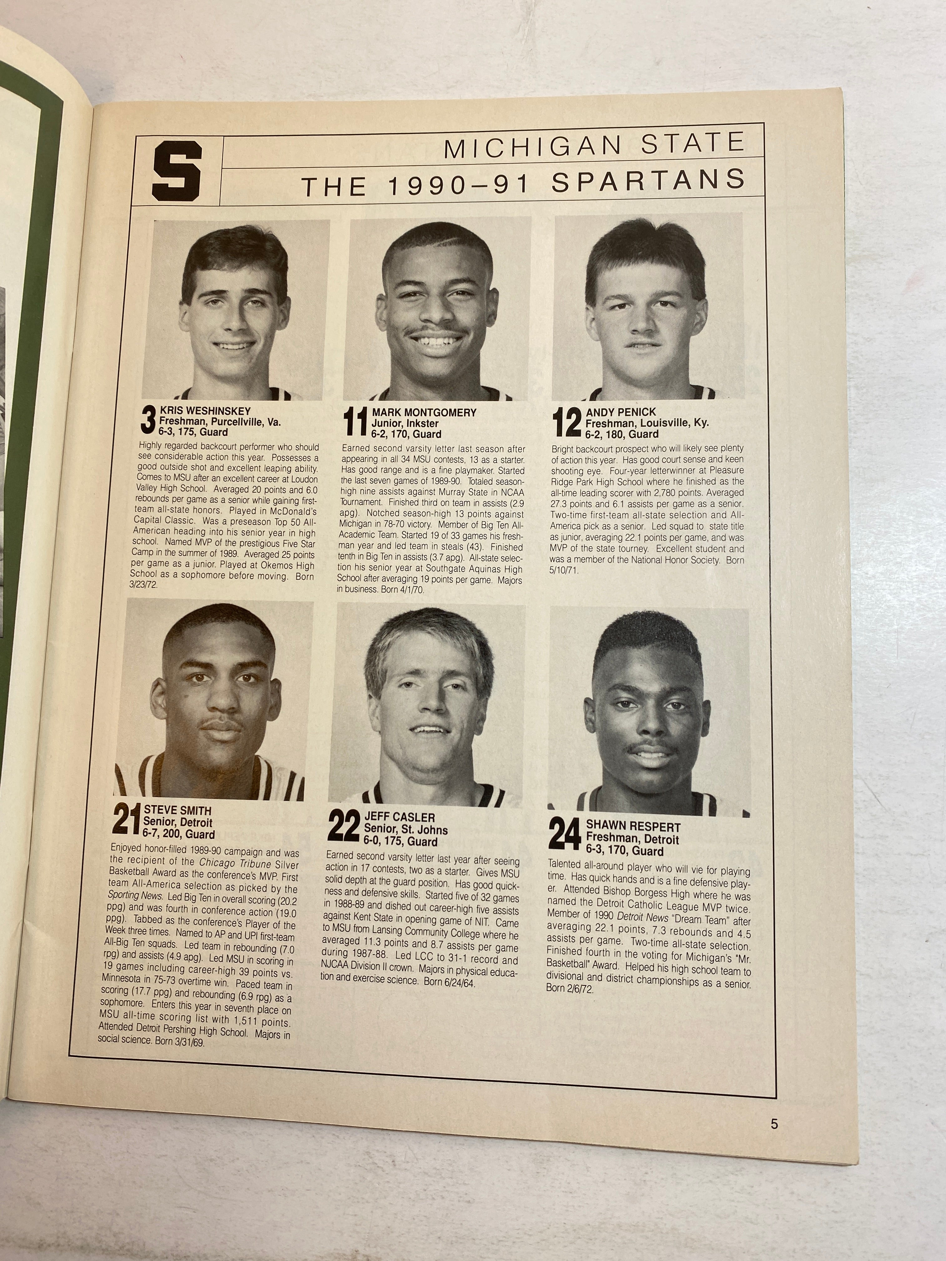 1990 Michigan State Olds Classic Basketball Program Steve Smith