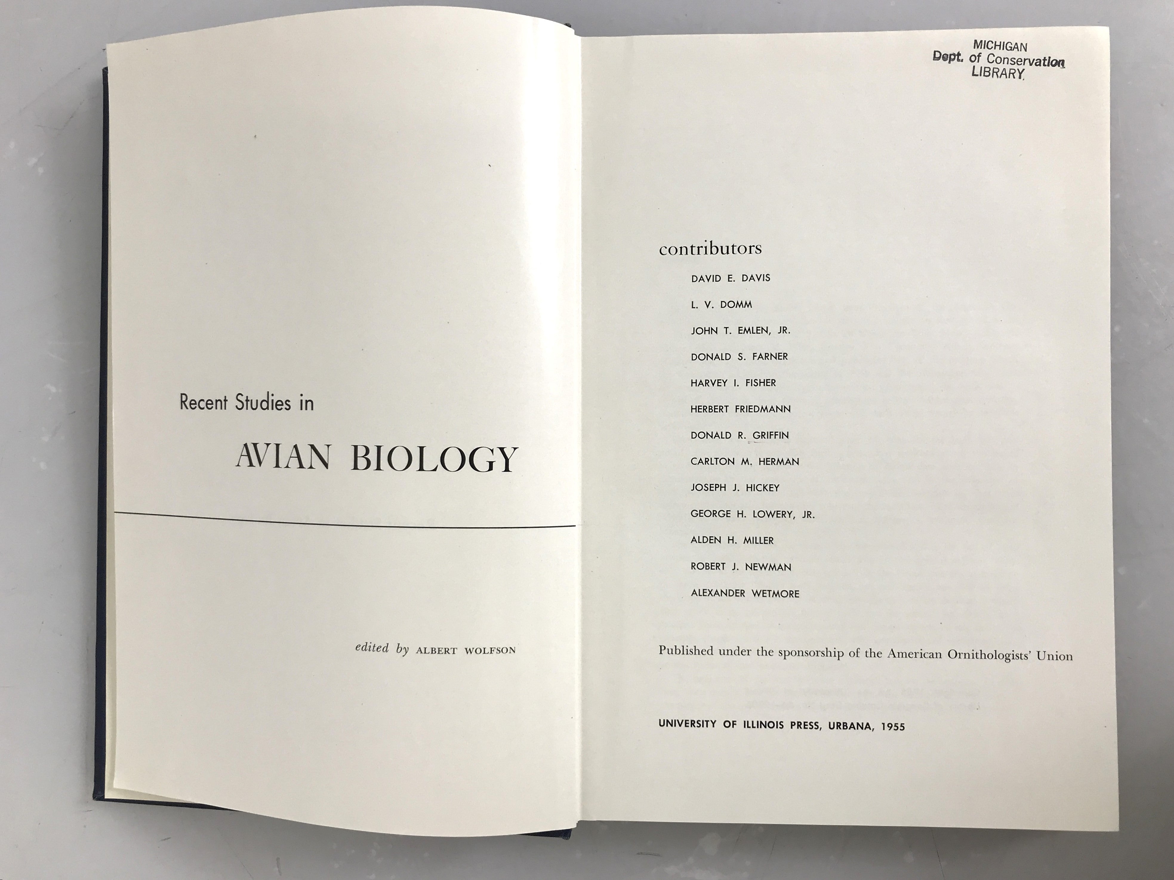 Recent Studies in Avian Biology Albert Wolfson 1955 HC