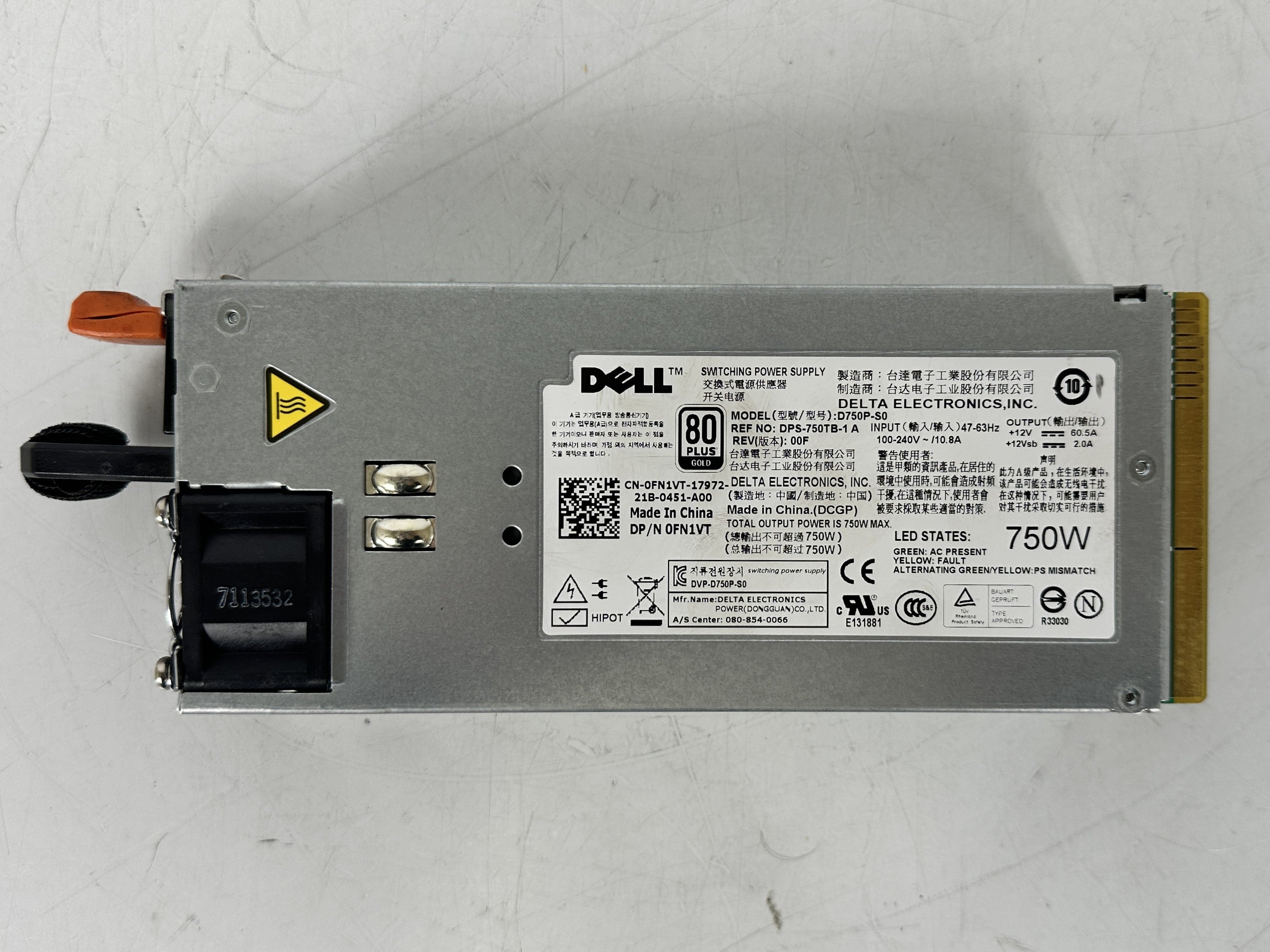 Dell D750P-S0 750W 80 Plus Gold Redundant Hot Swap Server Power Supply