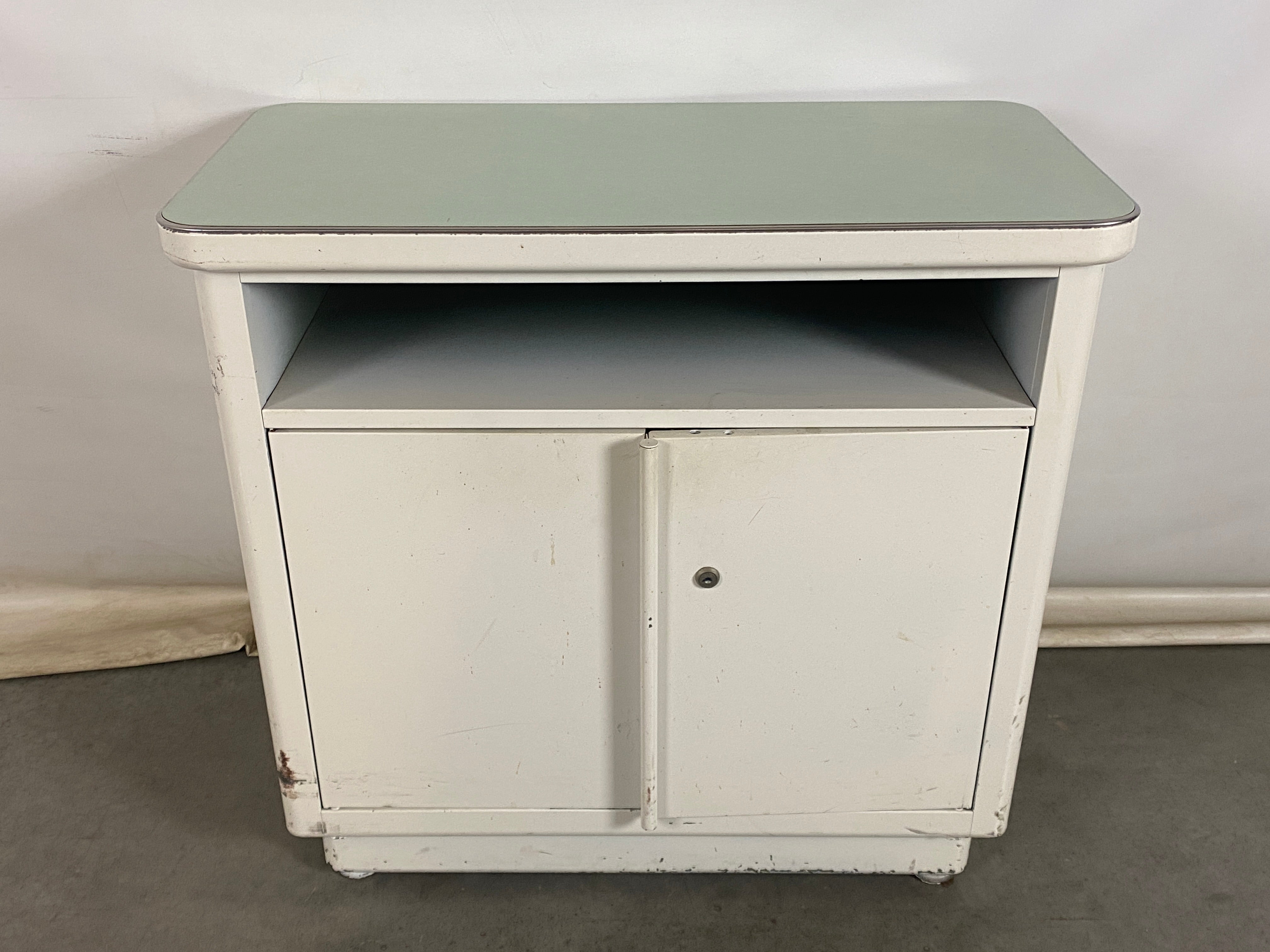 White Metal Cabinet w/ Blue Laminate Top