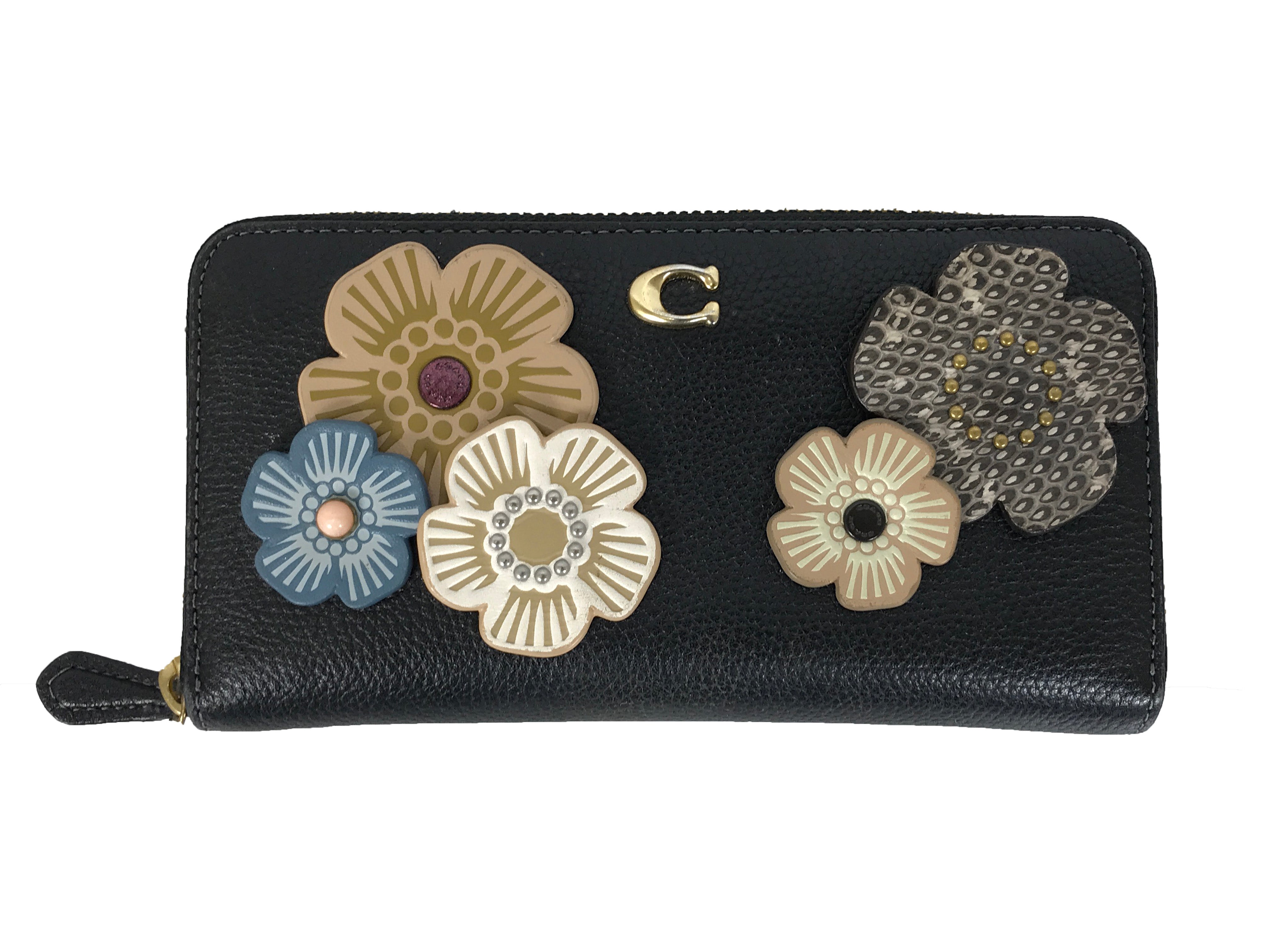 Coach Black Leather Wallet With Flower Embellishments