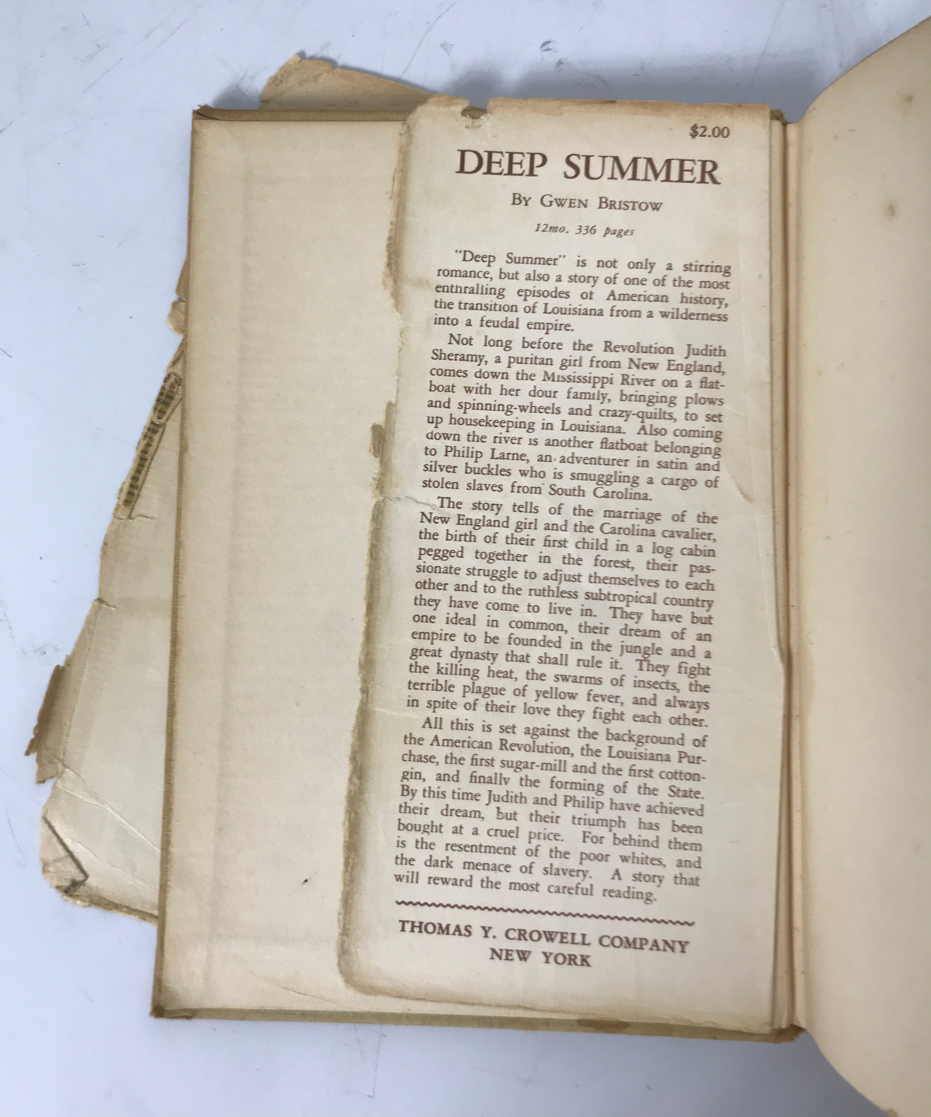 Deep Summer by Gwen Bristow 1937 1st Ed Thomas Crowell HCDJ