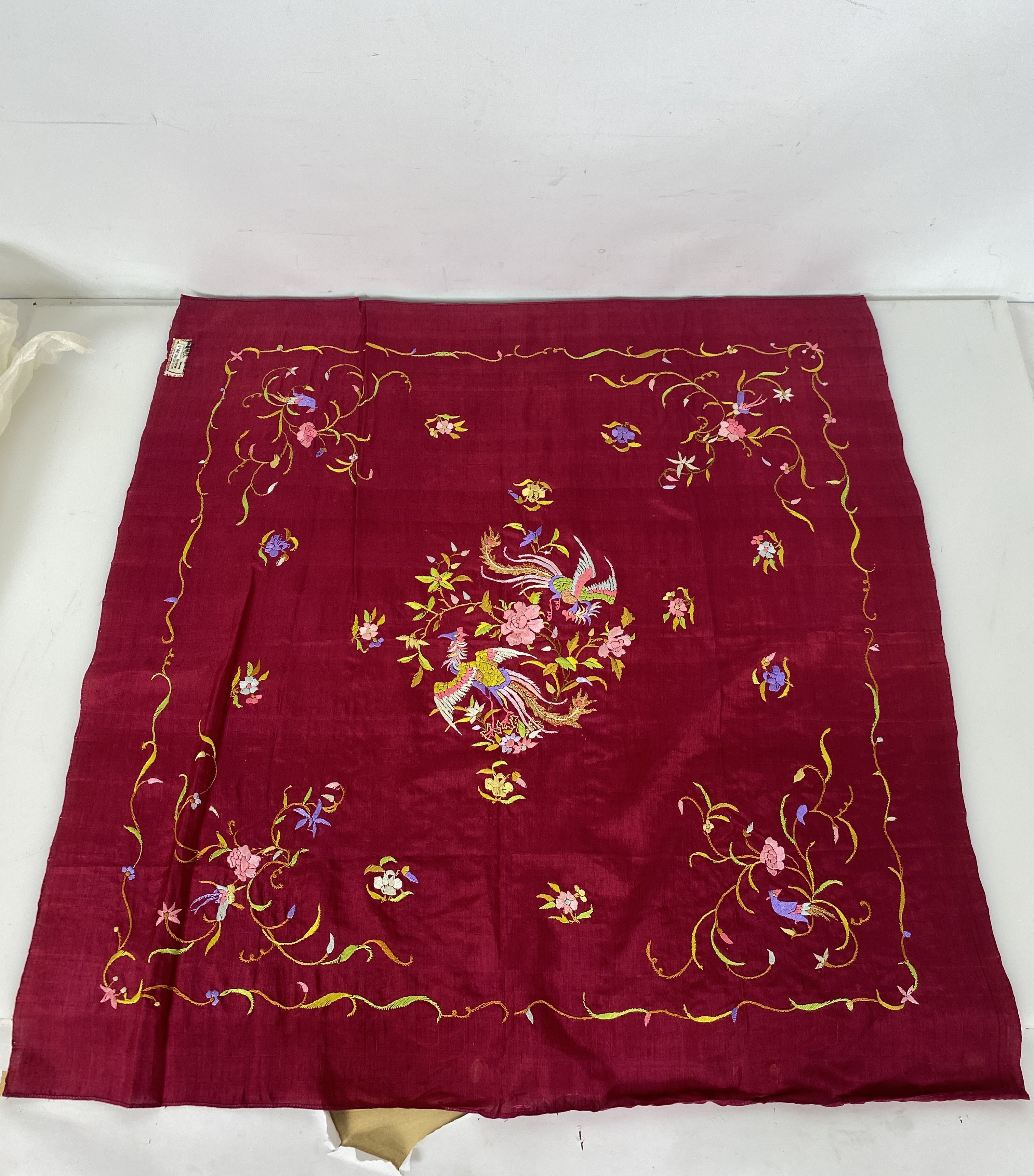 Vintage 1880's Chinese Embroidered Red Fabric Square 26.5" x 26.5"