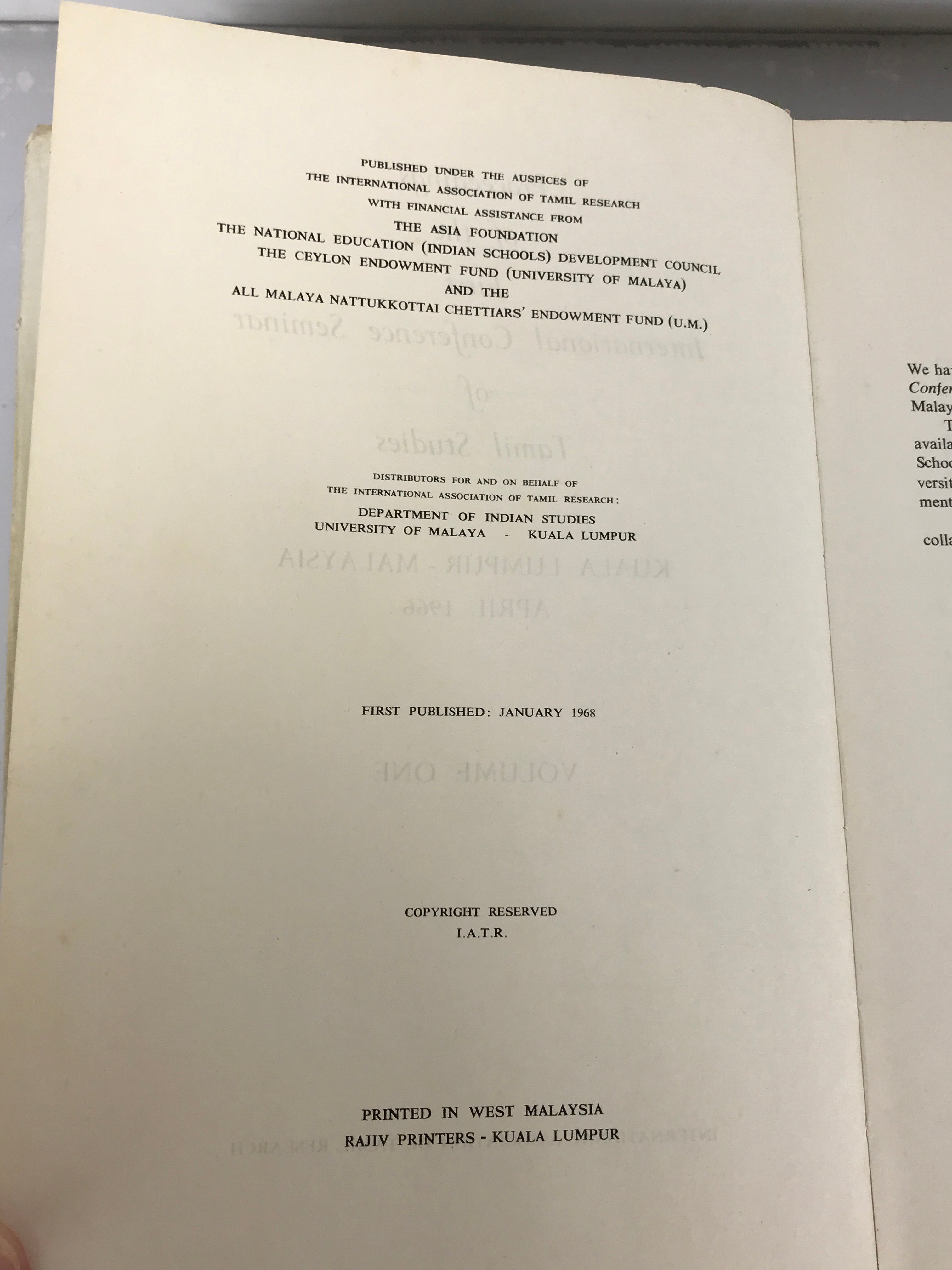Proceedings of the First International Conference Seminar of Tamil Studies (2 Vols) 1968-1969 HC DJ