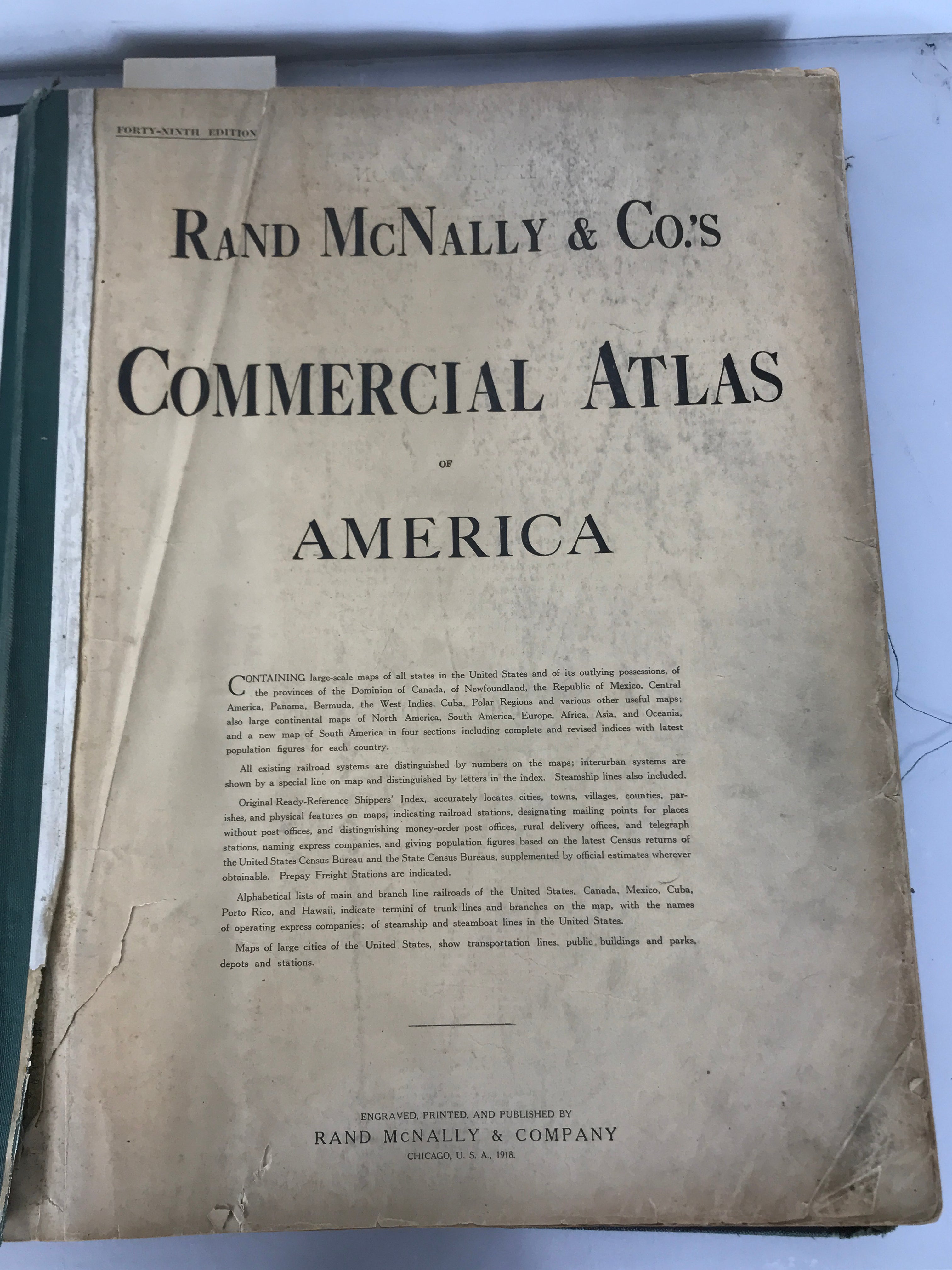 Rand McNally Commercial Atlas of America 1918 Edition HC Antique