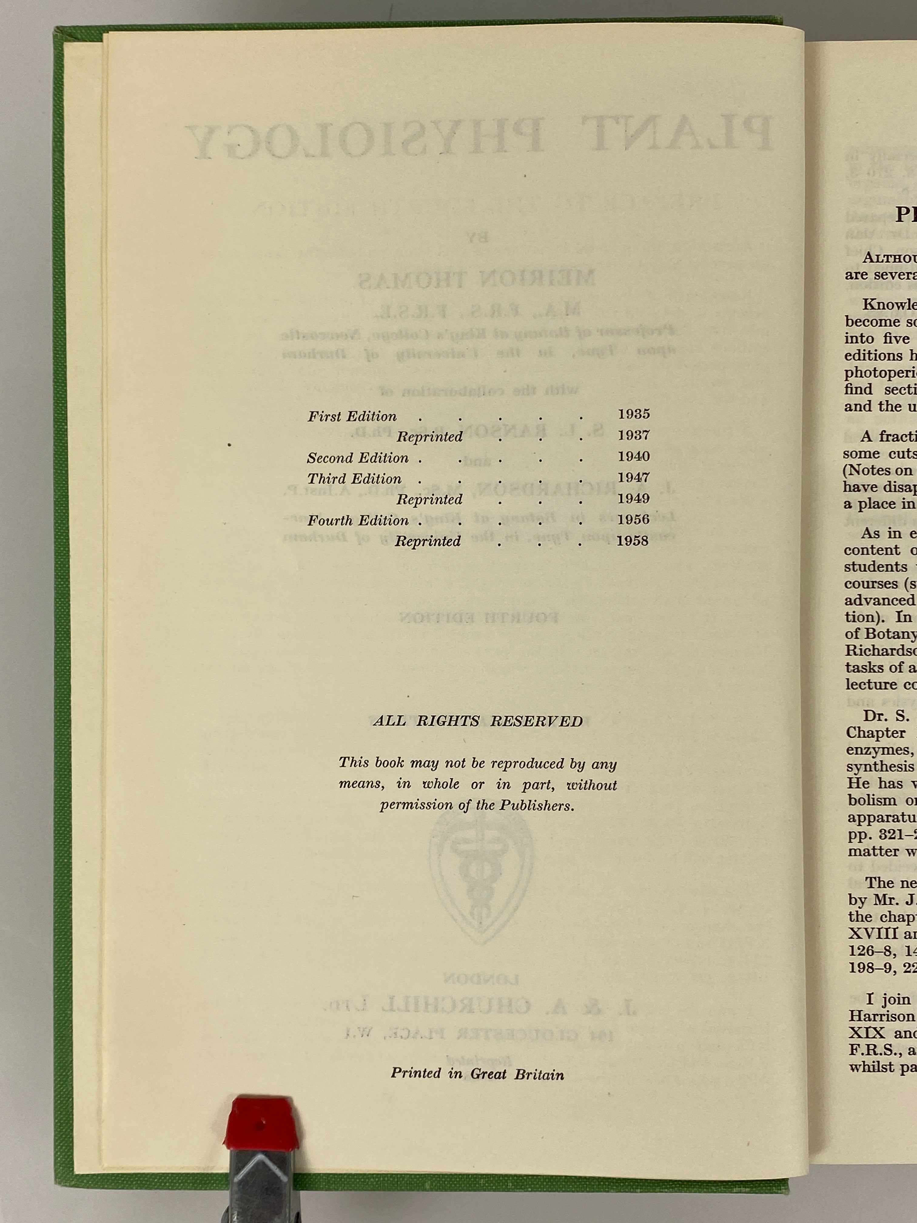 Plant Physiology by Meirion Thomas 1958 Fourth Edition HC DJ