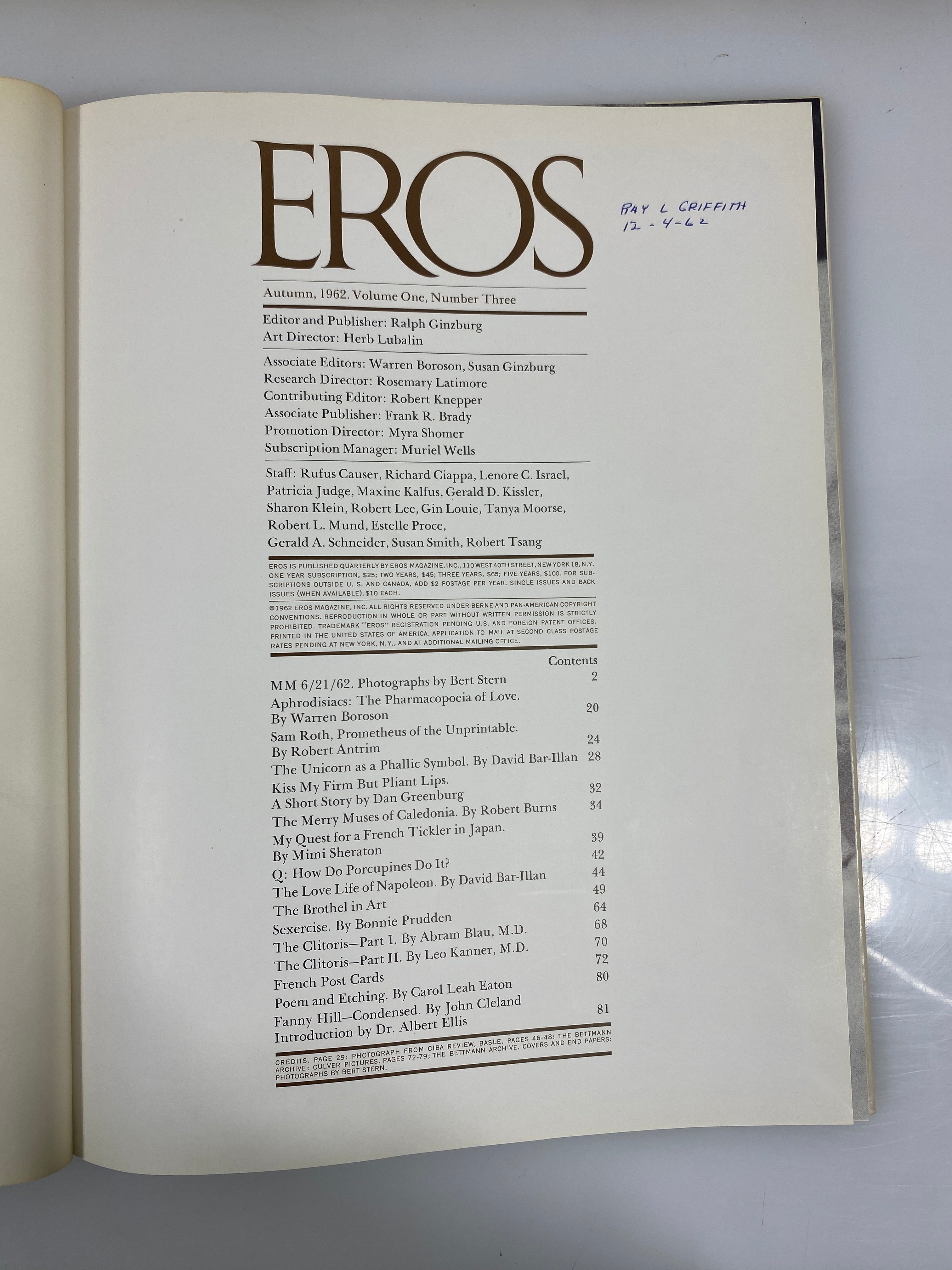 Lot of 4: Eros Magazine Volume 1 Number 1-4 1962 HC