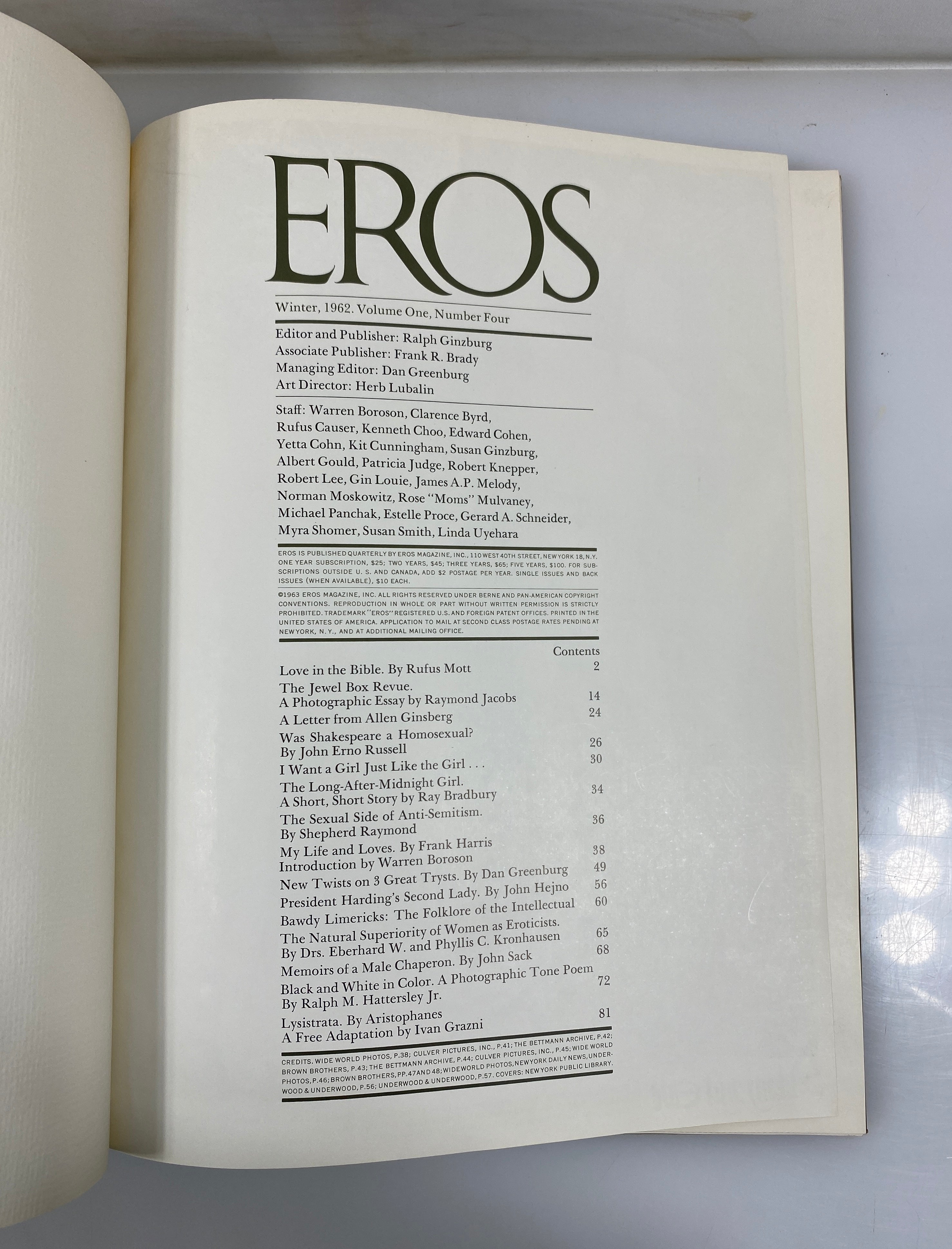 Lot of 4: Eros Magazine Volume 1 Number 1-4 1962 HC