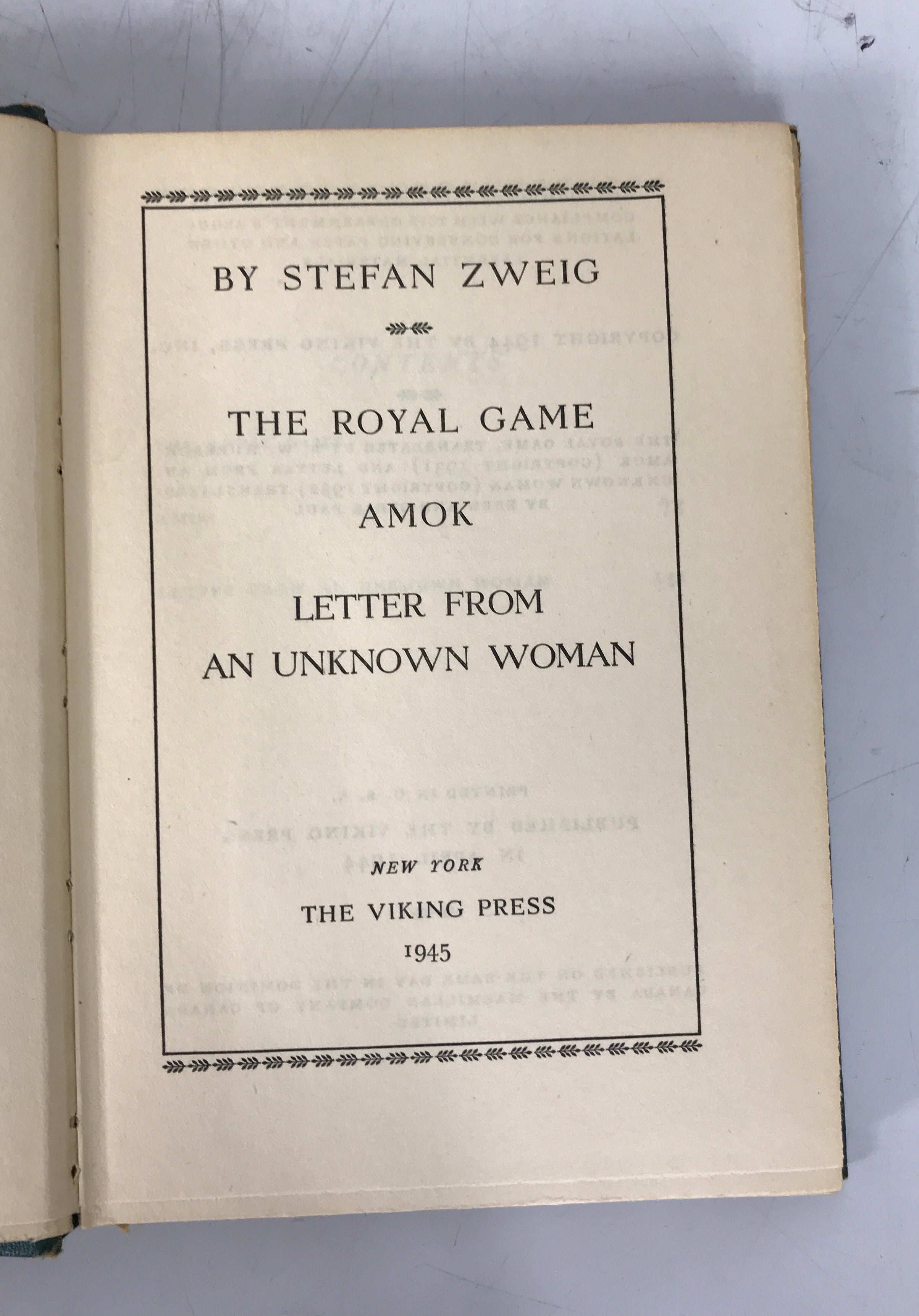 Stefan Zweig The Royal Game/Amok/Letter From an Unknown Woman 1945 HC