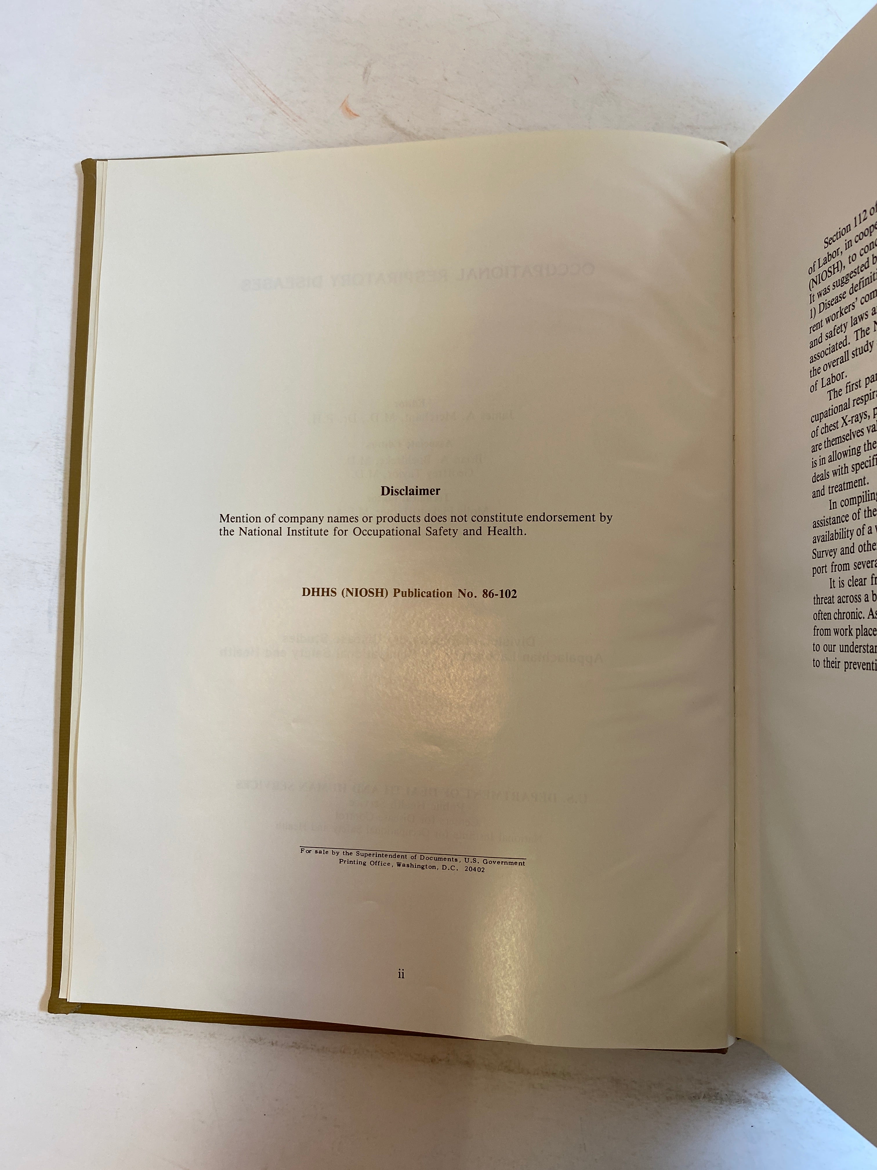 Occupational Respiratory Diseases US Dept of Health & Human Services 1986