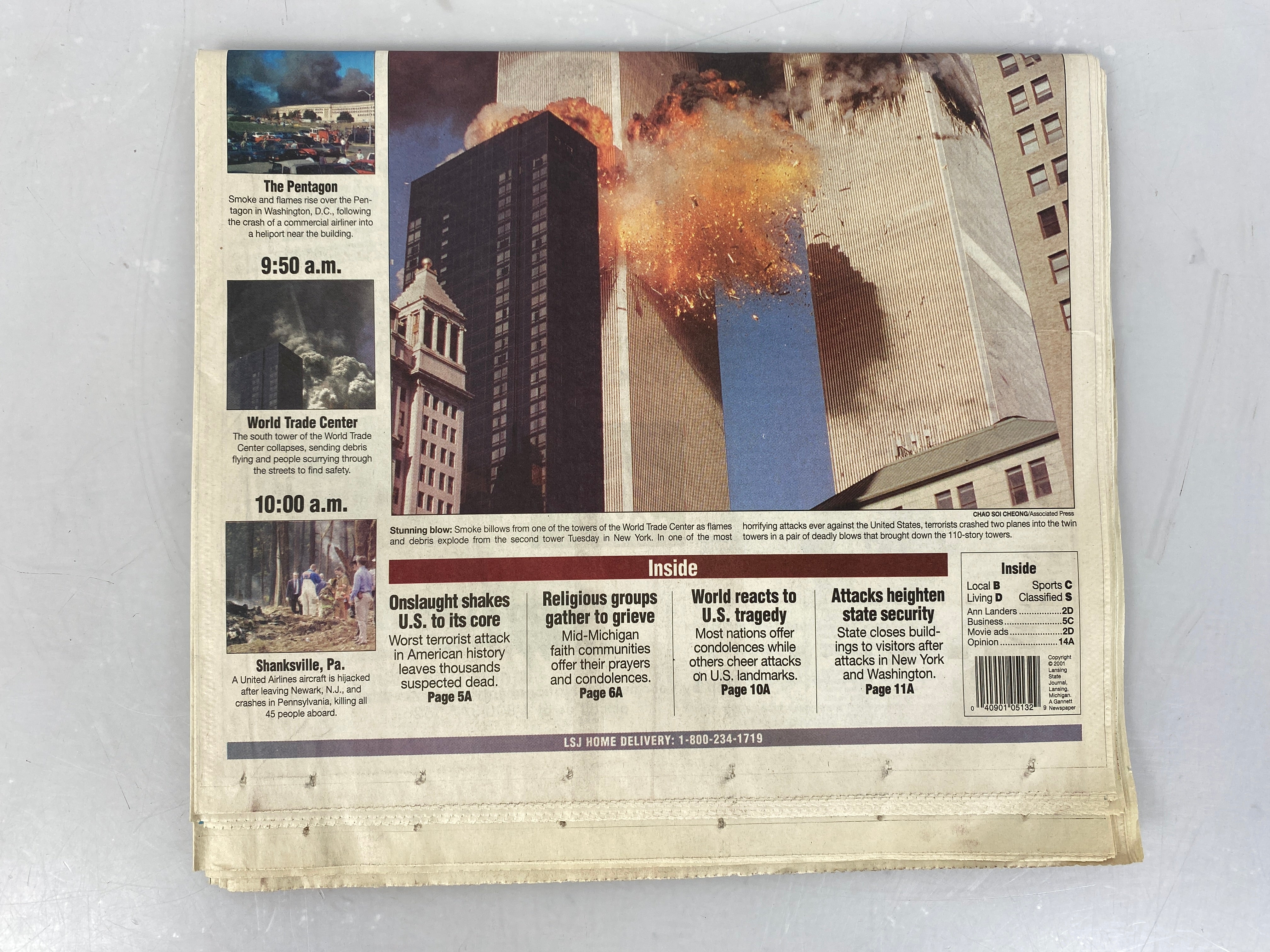 Lansing State Journal Lansing, MI Newspaper 9/12/2001 (9/11 issue)