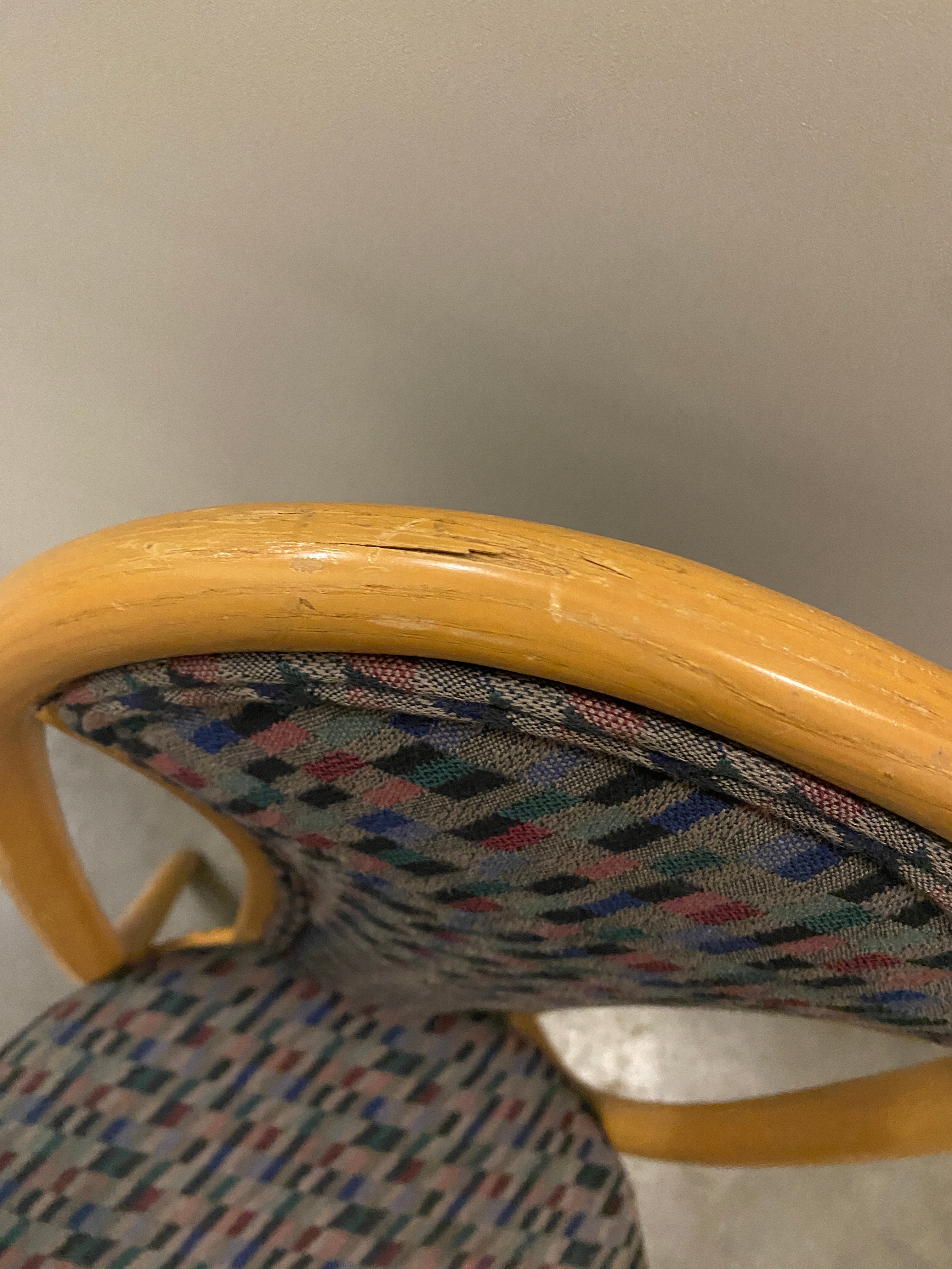 Blue Geometric Patterned Chair with a Wooden Frame