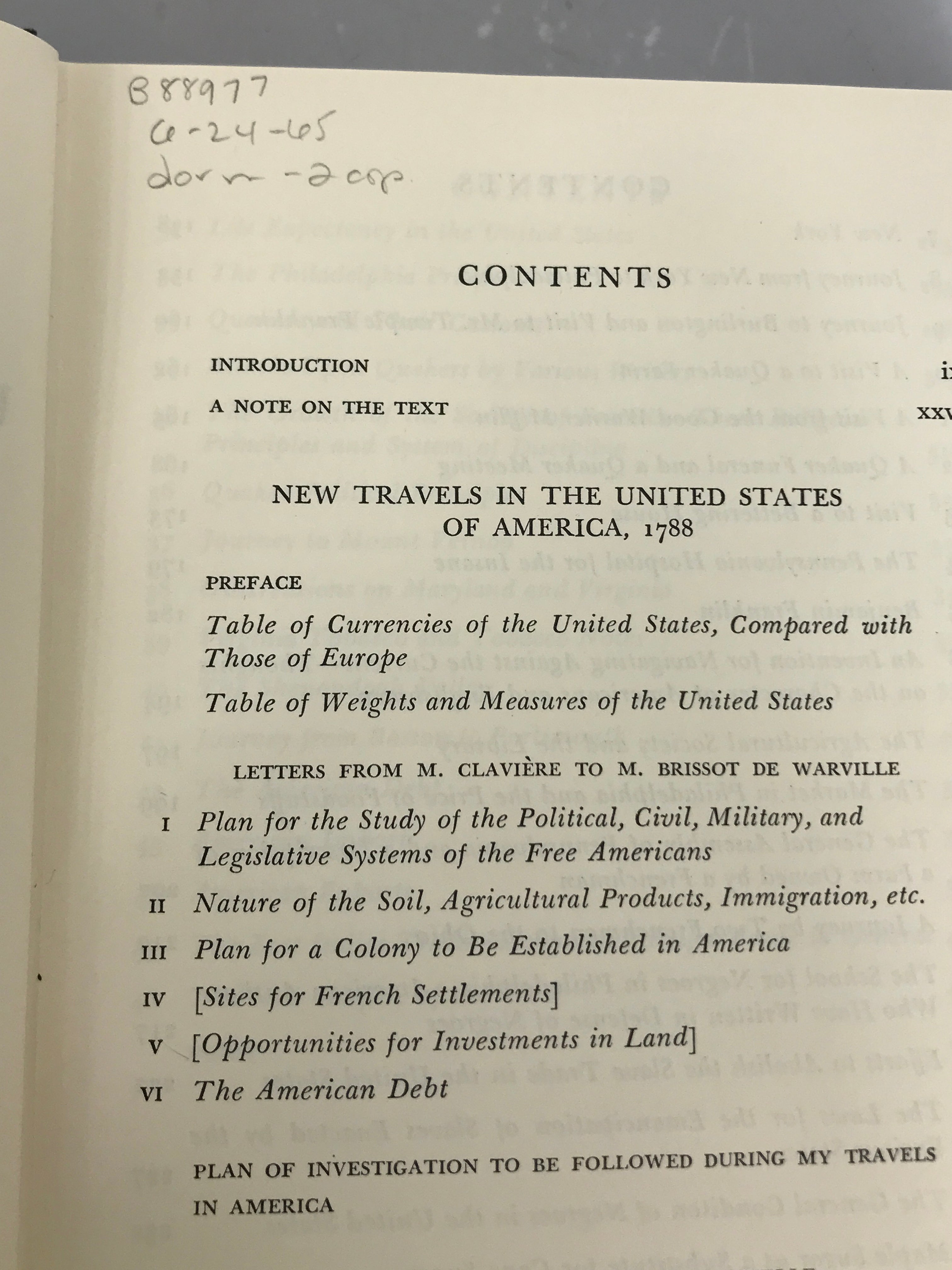 New Travels in the United States of America 1788 by De Warville The John Harvard Library 1964 HC