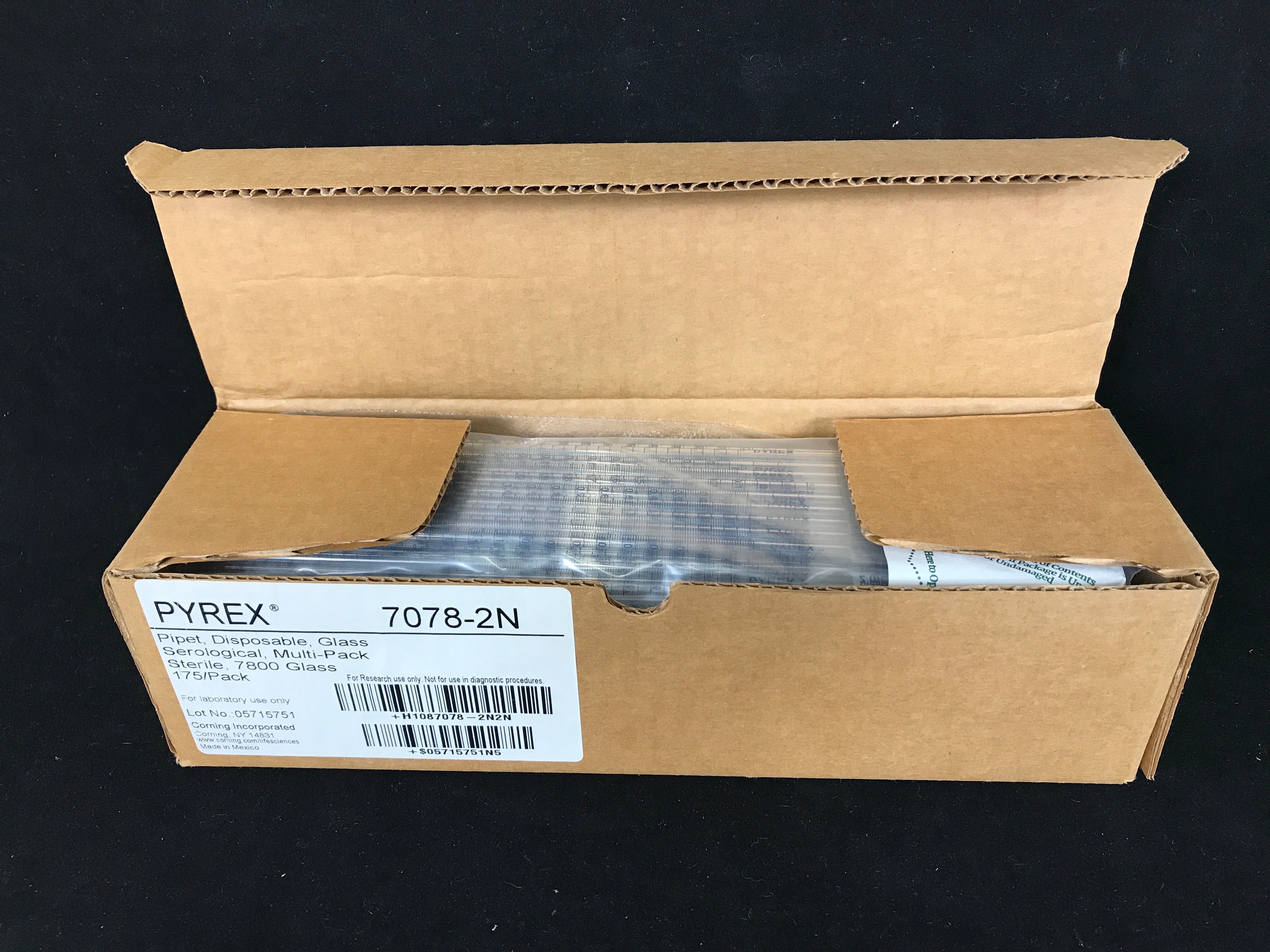 Box of 175 Pyrex 7078-2N 2mL Serological Pipets Sterile Plugged Glass *NEW*