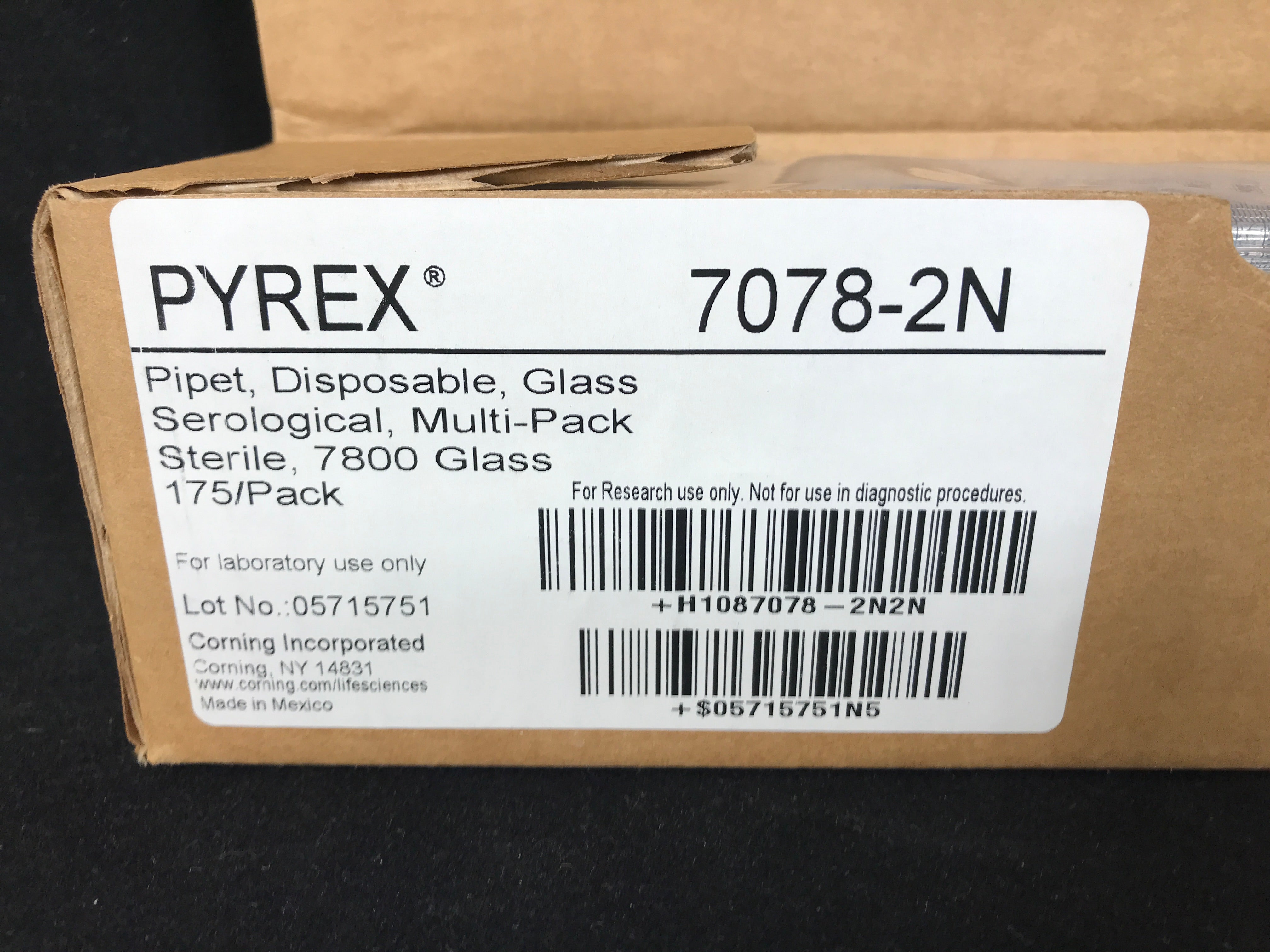 Box of 175 Pyrex 7078-2N 2mL Serological Pipets Sterile Plugged Glass *NEW*