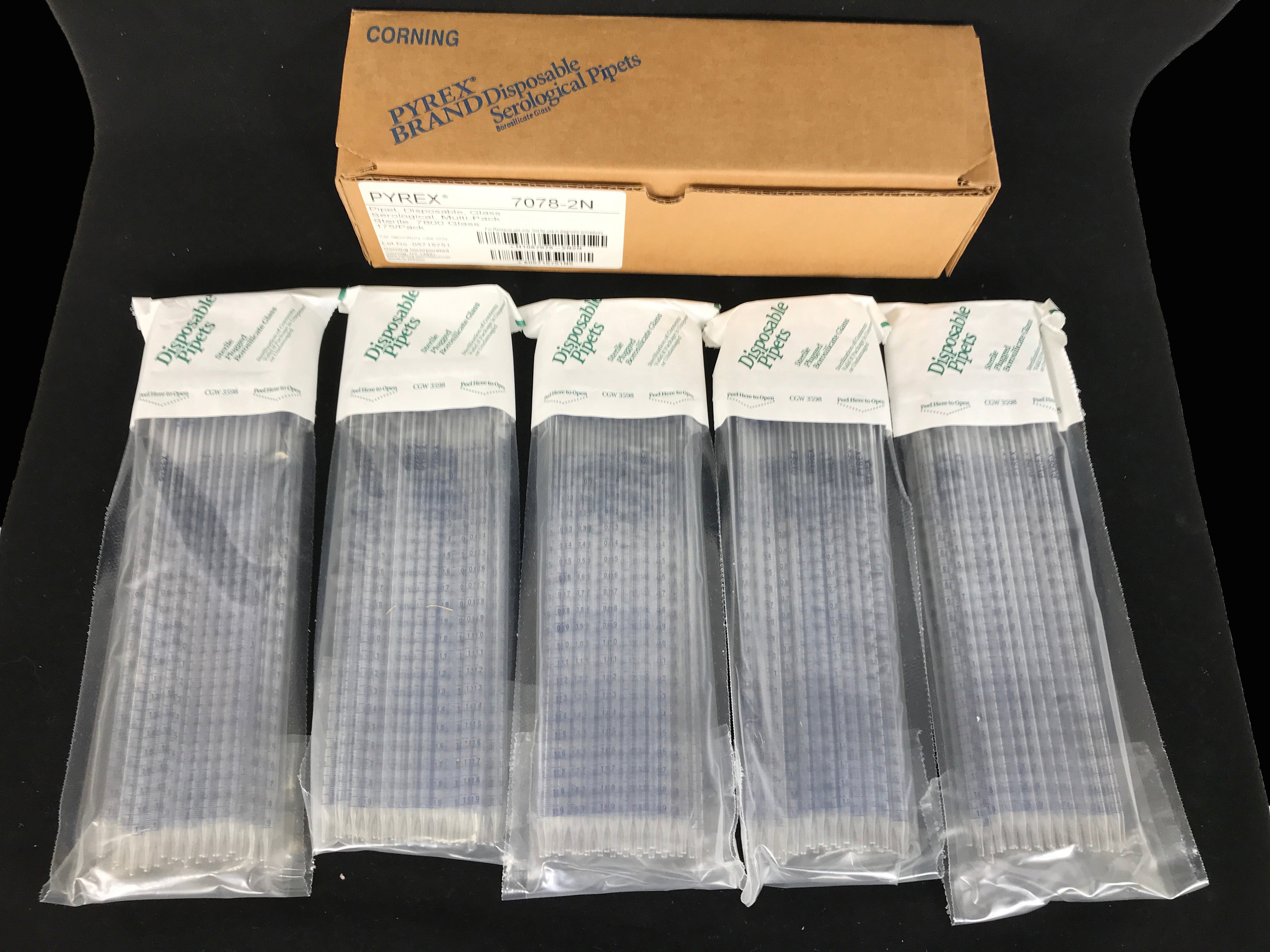 Box of 175 Pyrex 7078-2N 2mL Serological Pipets Sterile Plugged Glass *NEW*