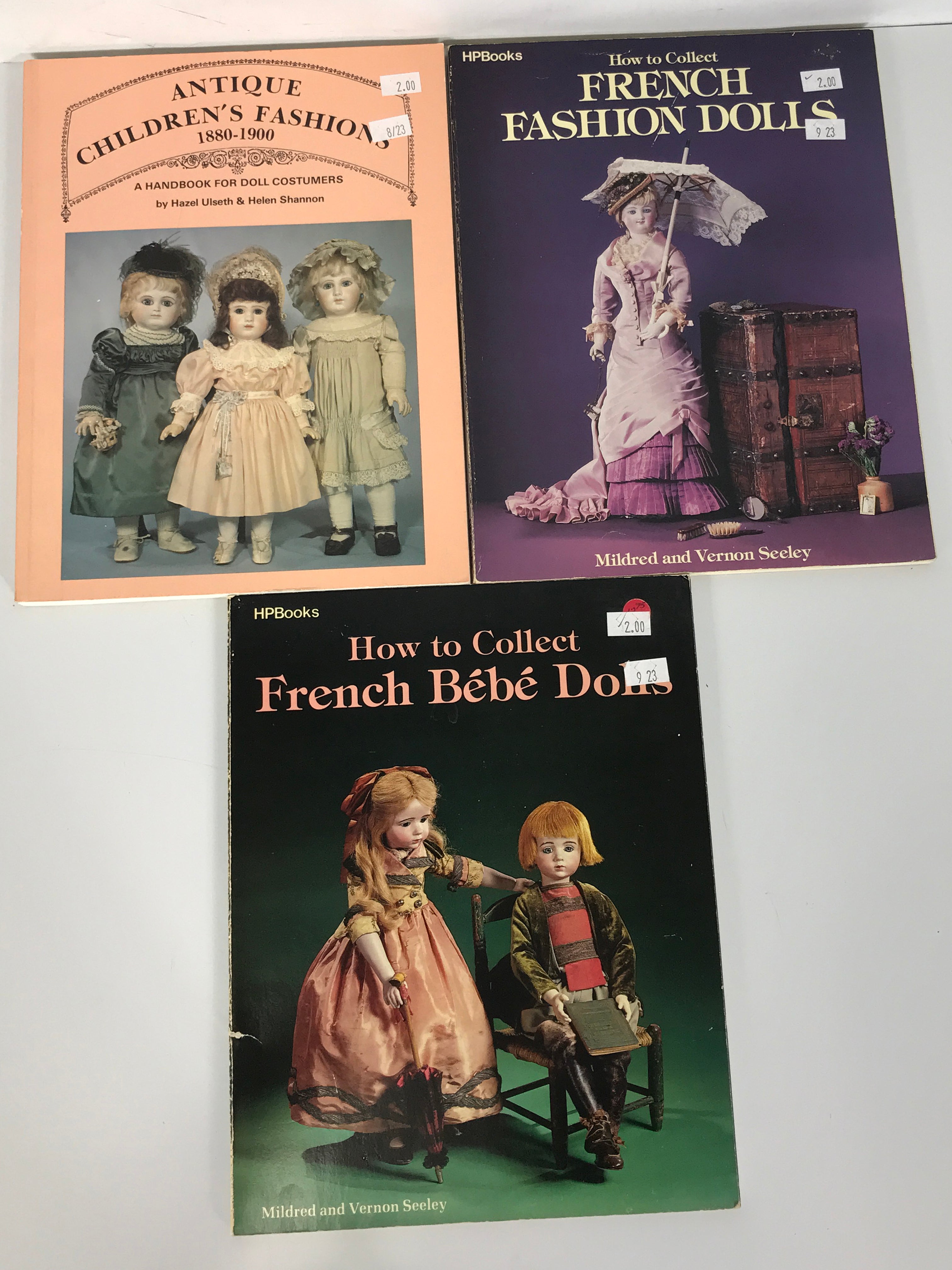 Lot of 3 Doll Collector's Books: French Fashion and Bebe Dolls (Seeley) and Handbook for Doll Costumes With Patterns (Ulseth & Shannon)