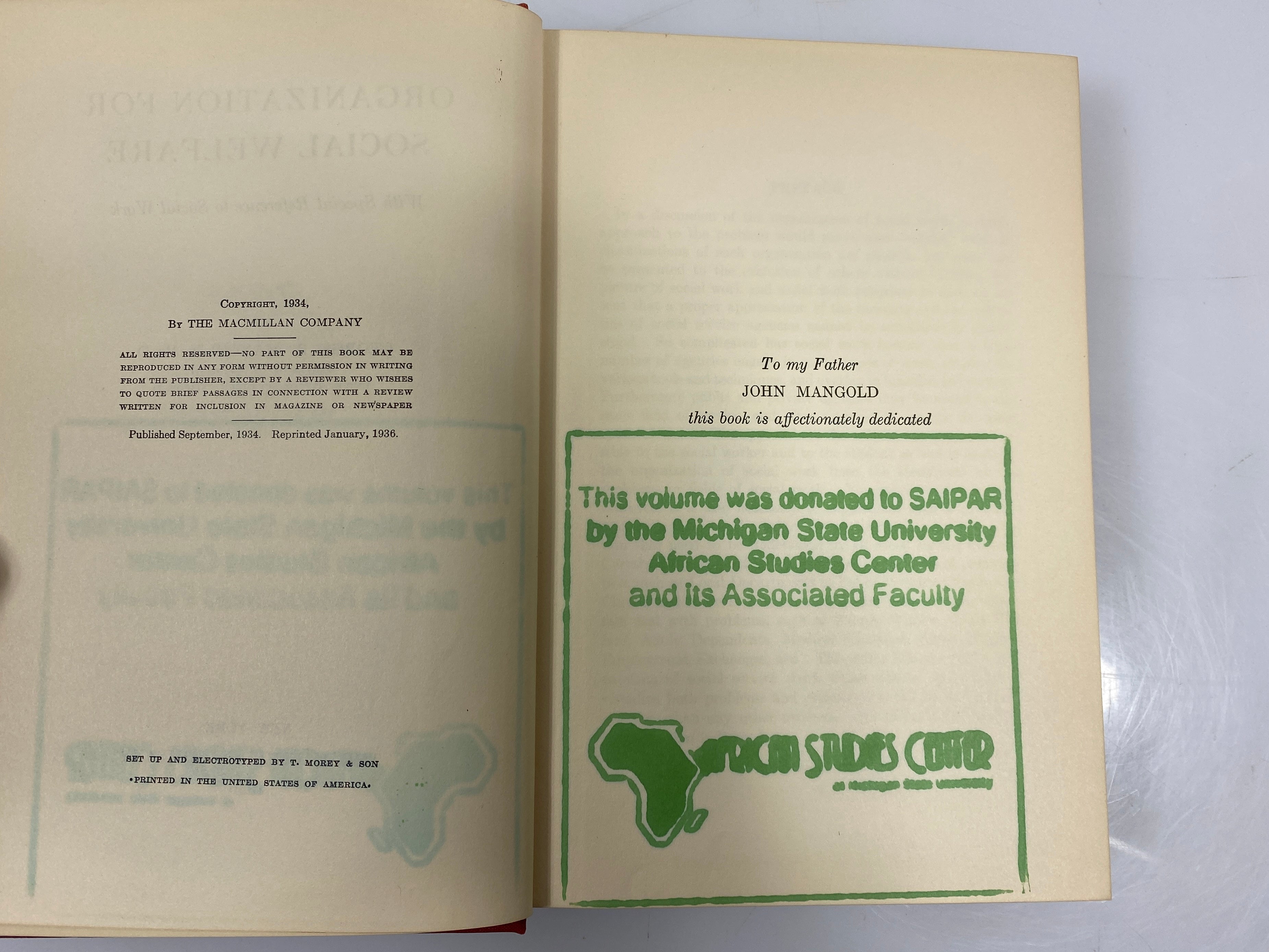 Organization for Social Welfare by George B. Mangold 1936 HC