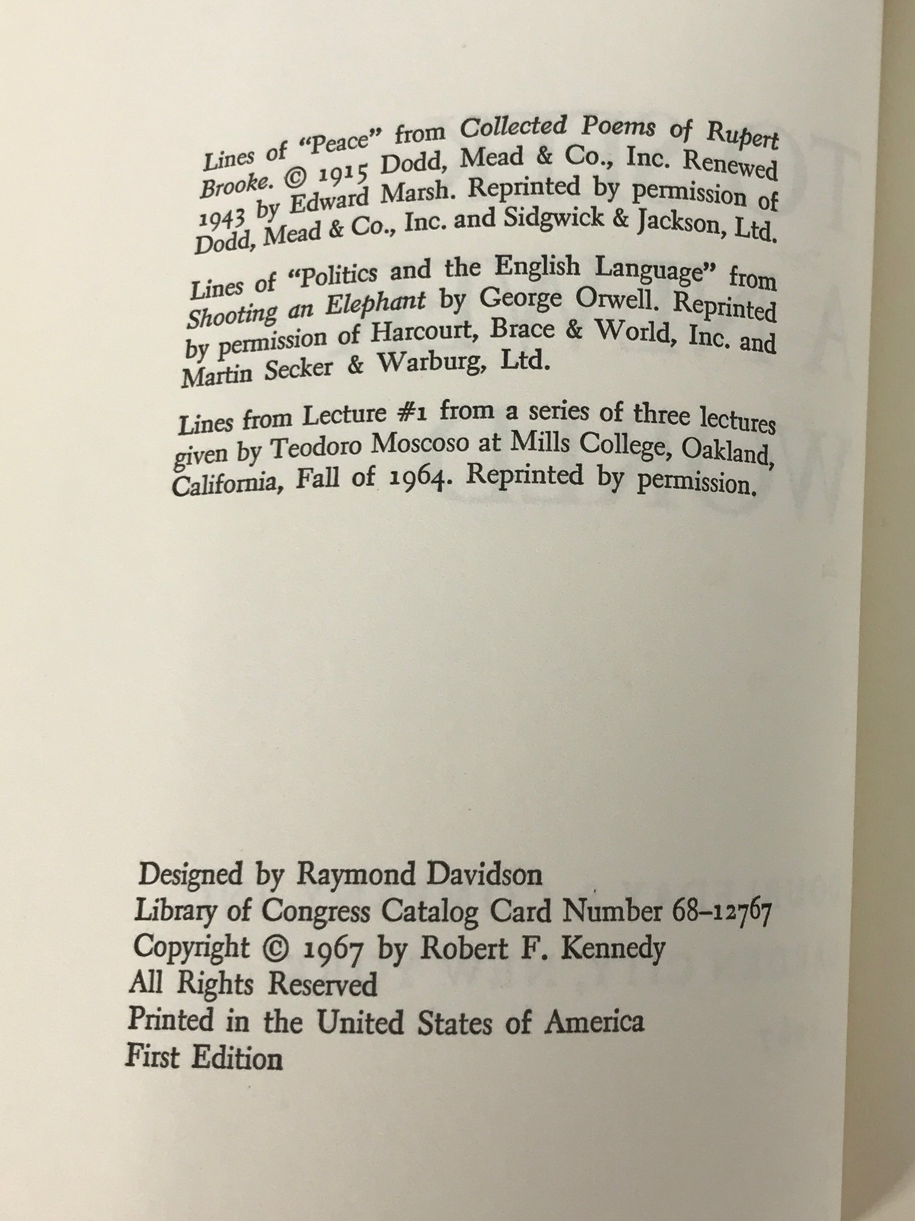 Robert F. Kennedy To Seek a Newer World (1967) Vintage First Edition HC DJ