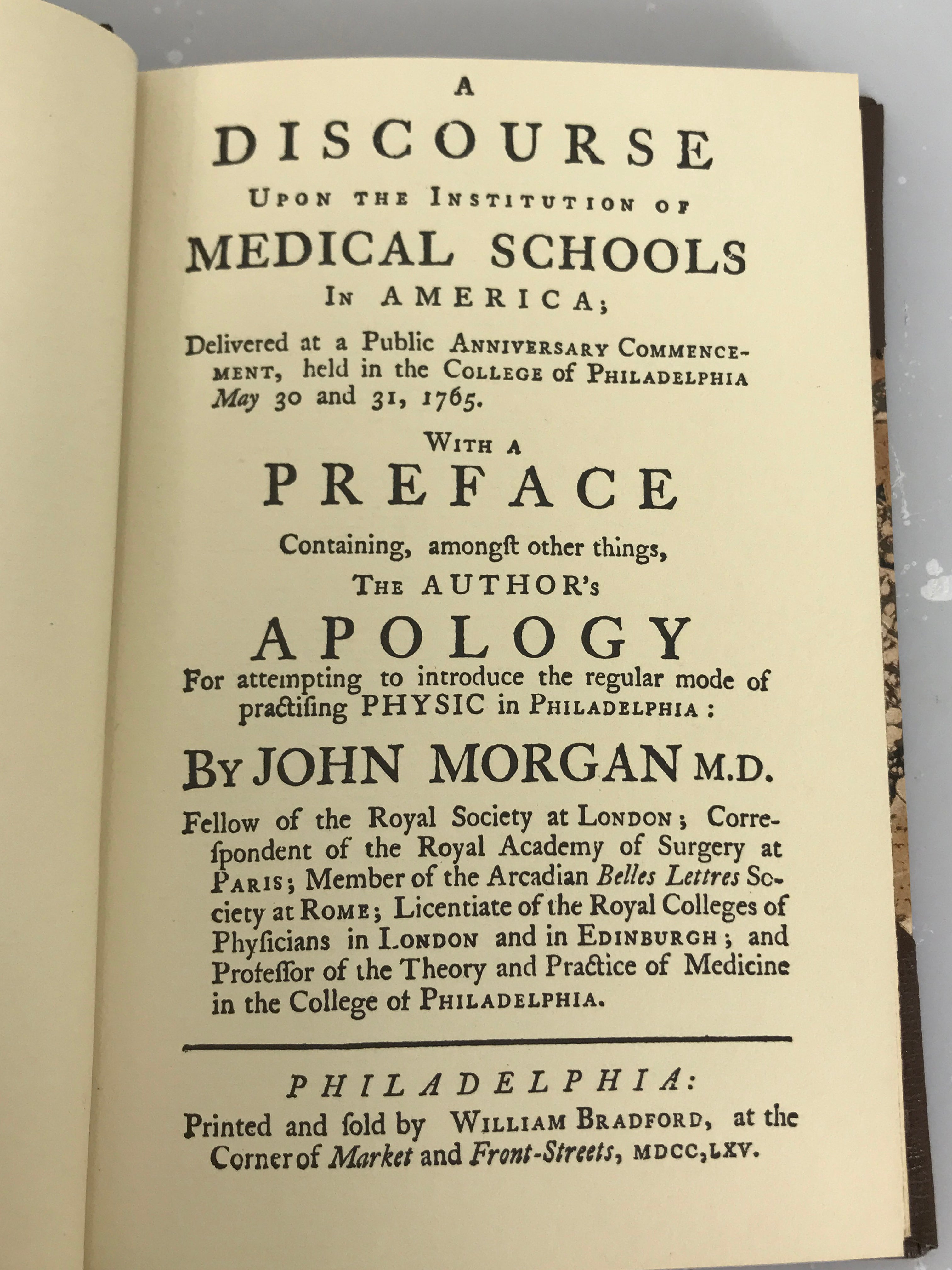 Dr. Morgan's Discourse Upon the Institution of Medical Schools in America 1965