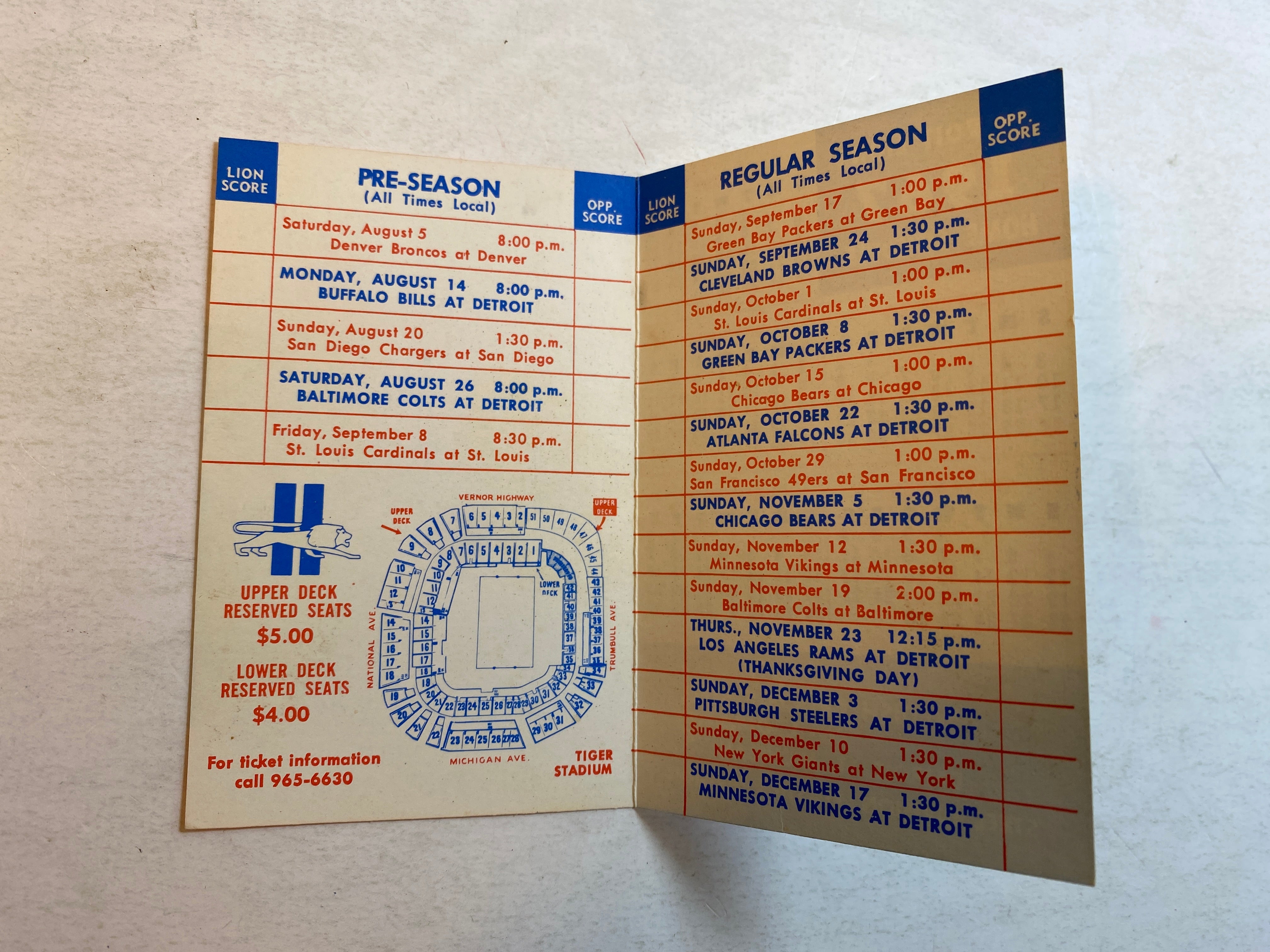 Detroit Lions Pocket Schedule 1967