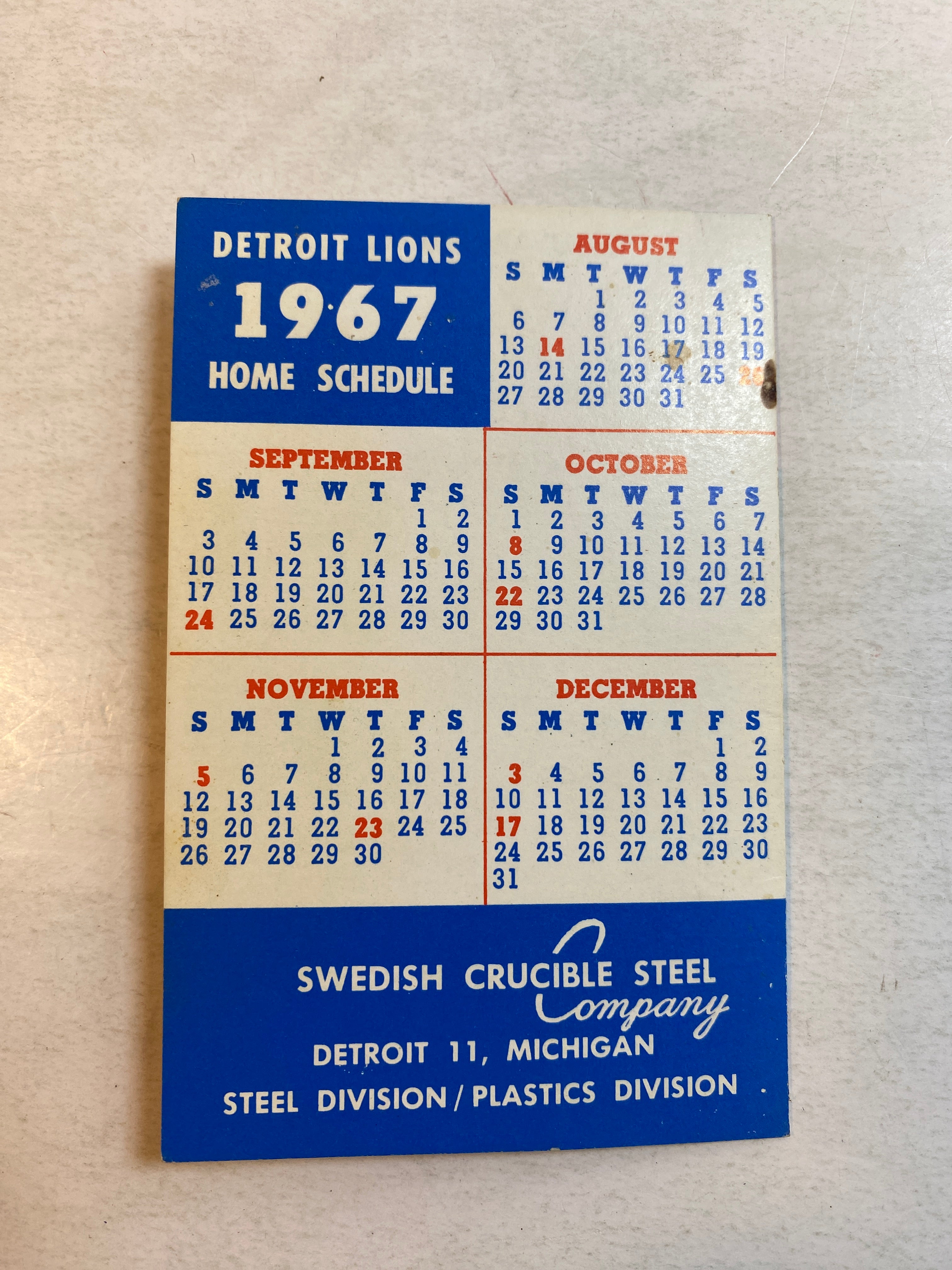 Detroit Lions Pocket Schedule 1967