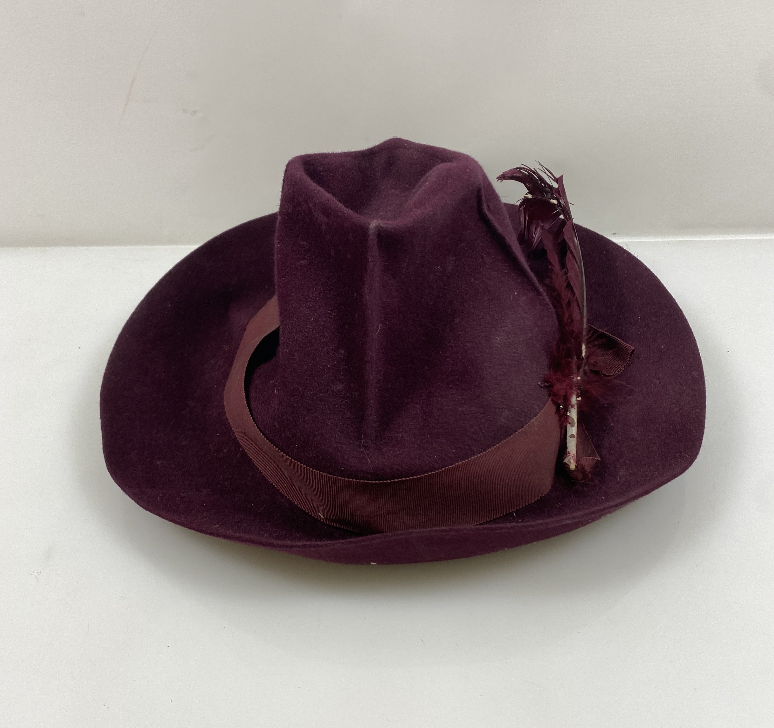 Vintage 1930s Maroon Fedora Hat with Feather