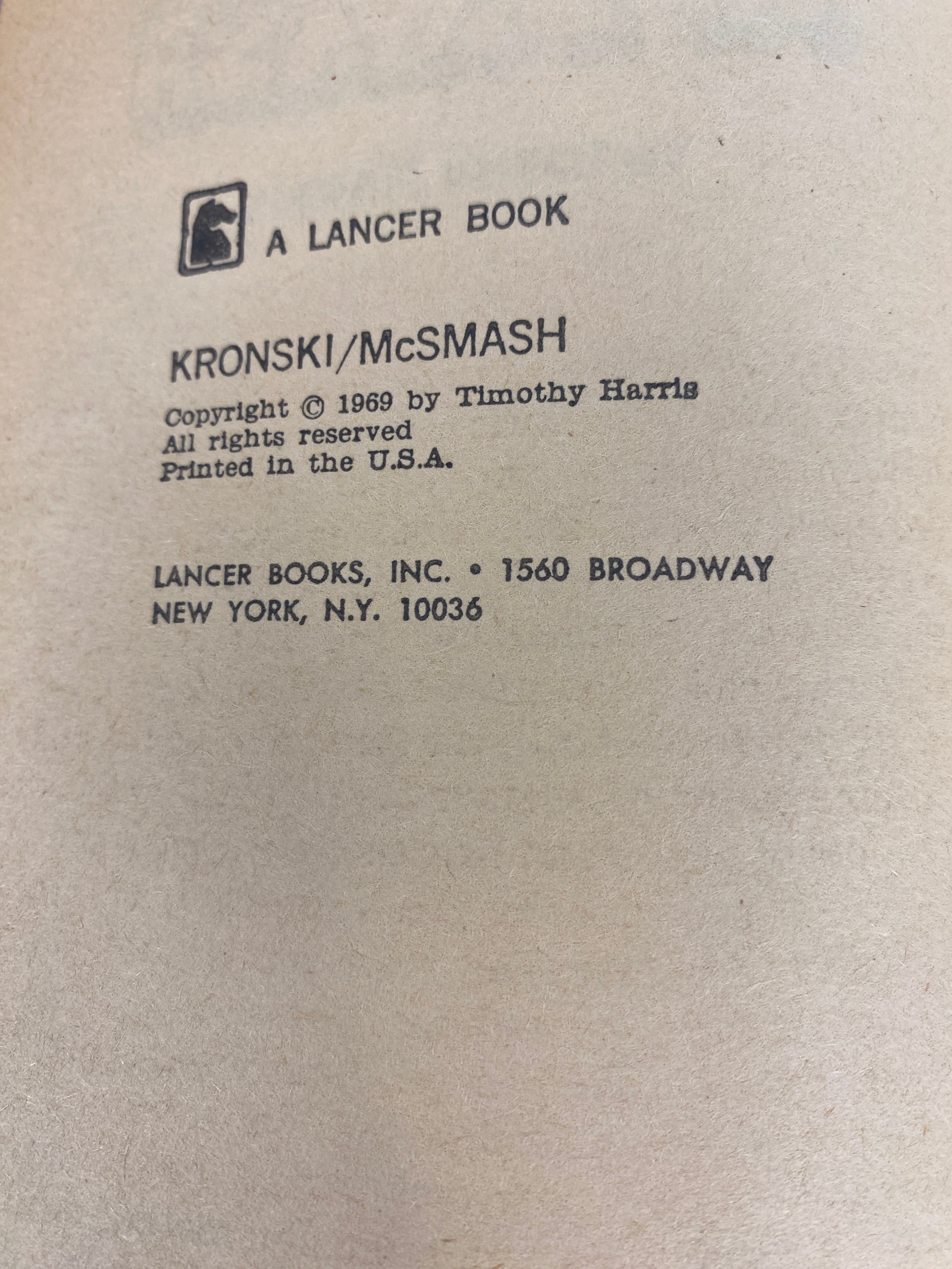 Kronski McSmash Timothy Harris Vintage Paperback 1969