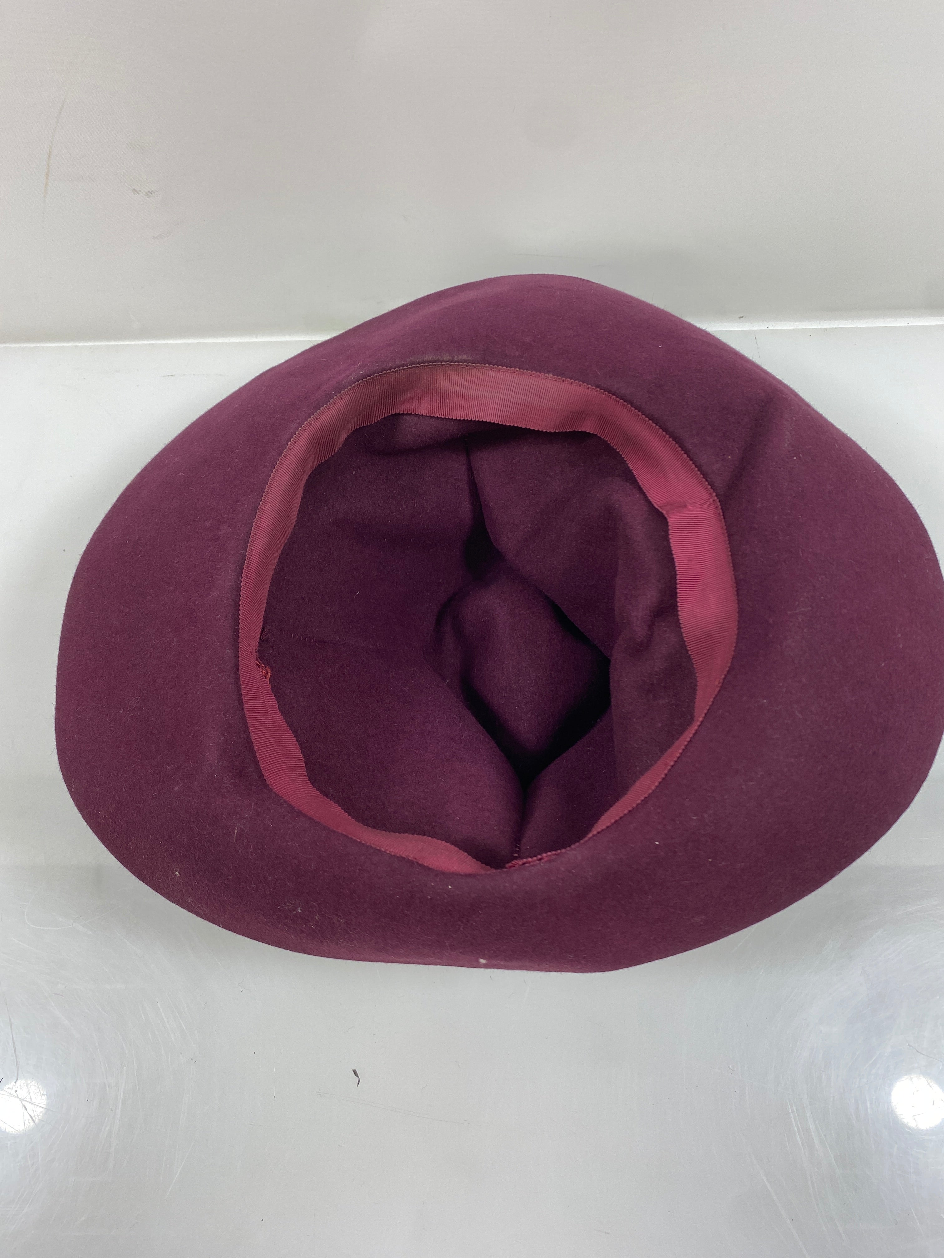 Vintage 1930s Maroon Fedora Hat with Feather