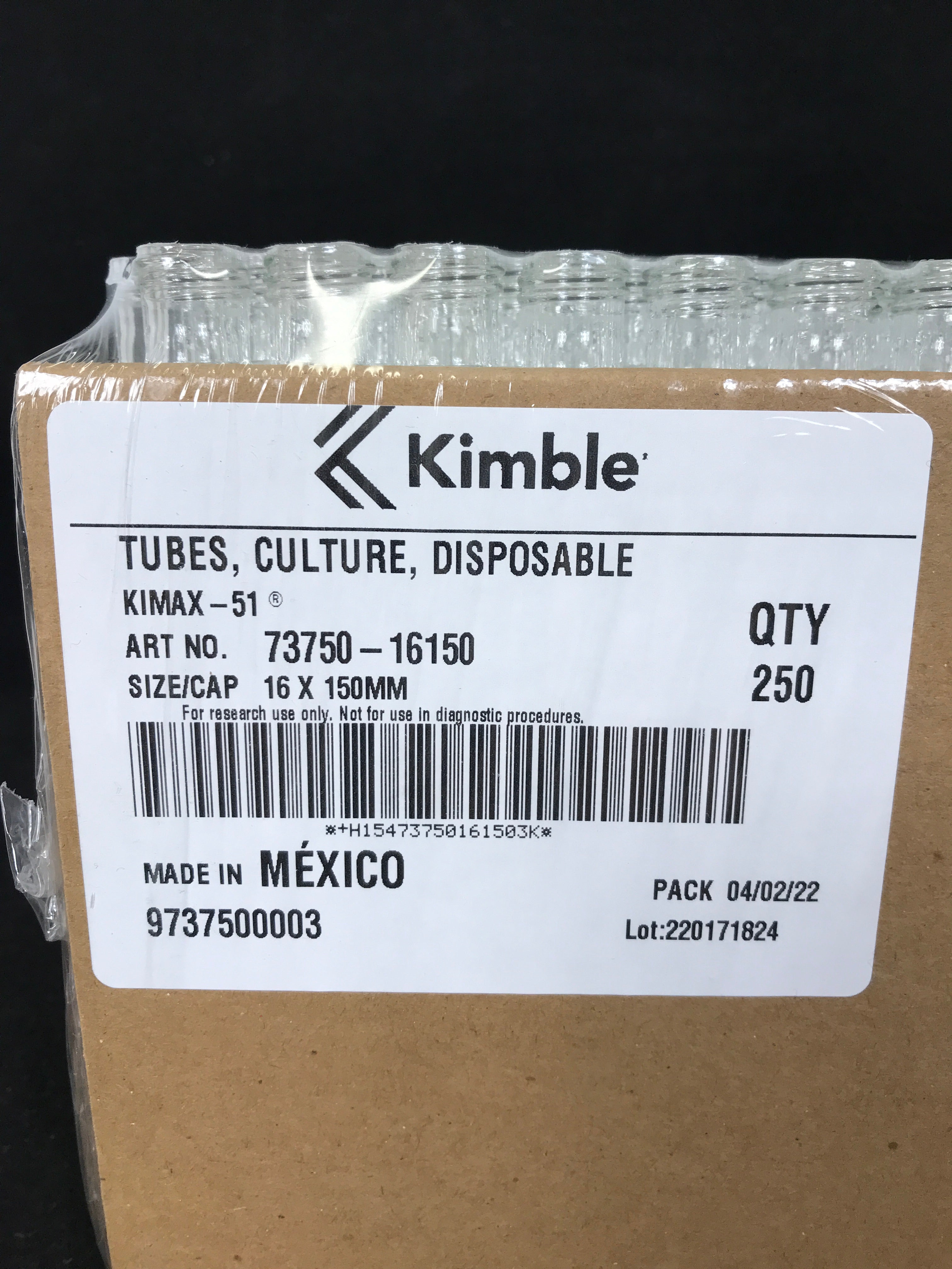 Sealed Pack of 250 KIMAX Kimble Test Tubes No. 73750-16150 16x150mm New