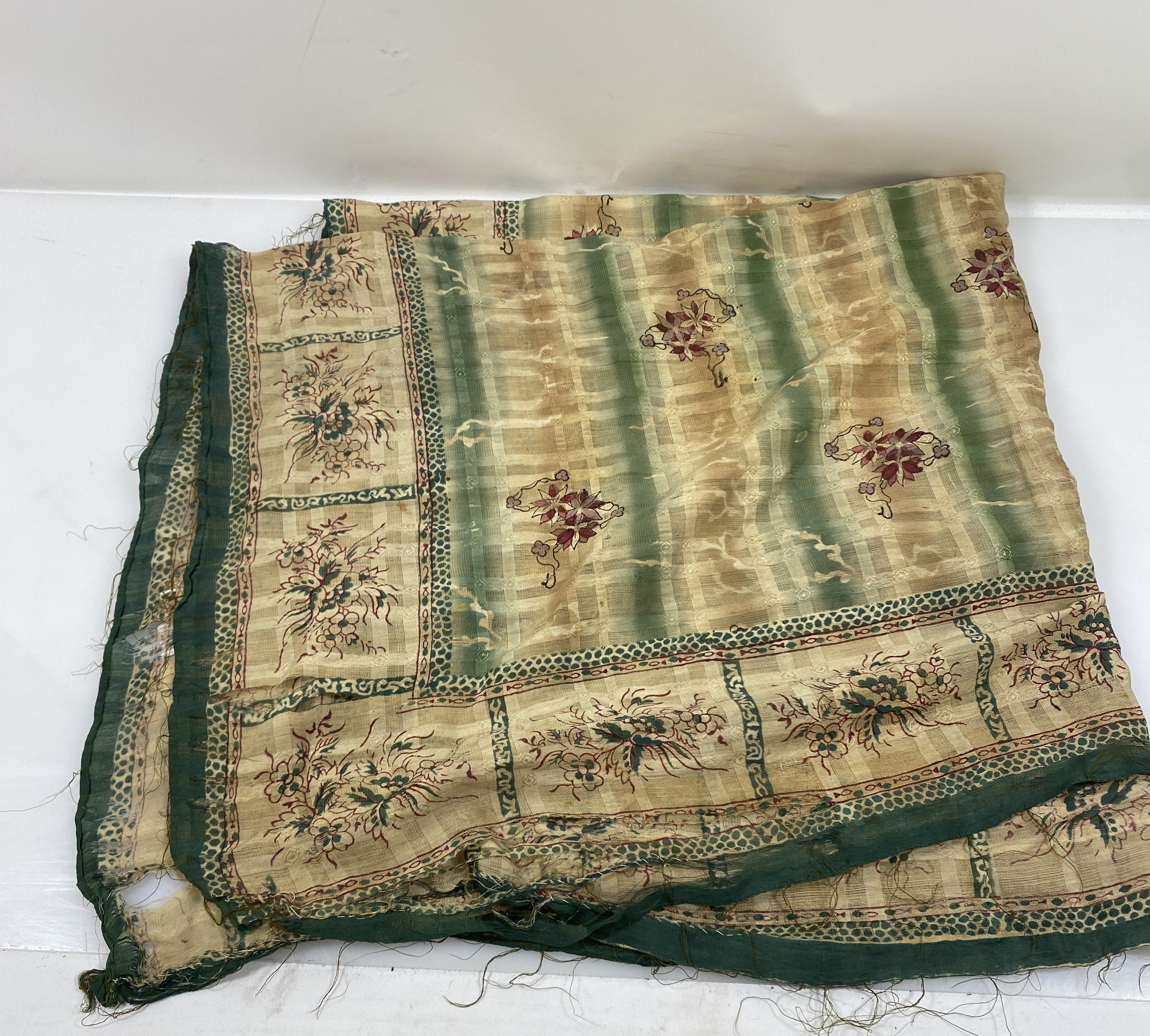 Vintage 1950s Green and Tan Fabric with Floral Pattern