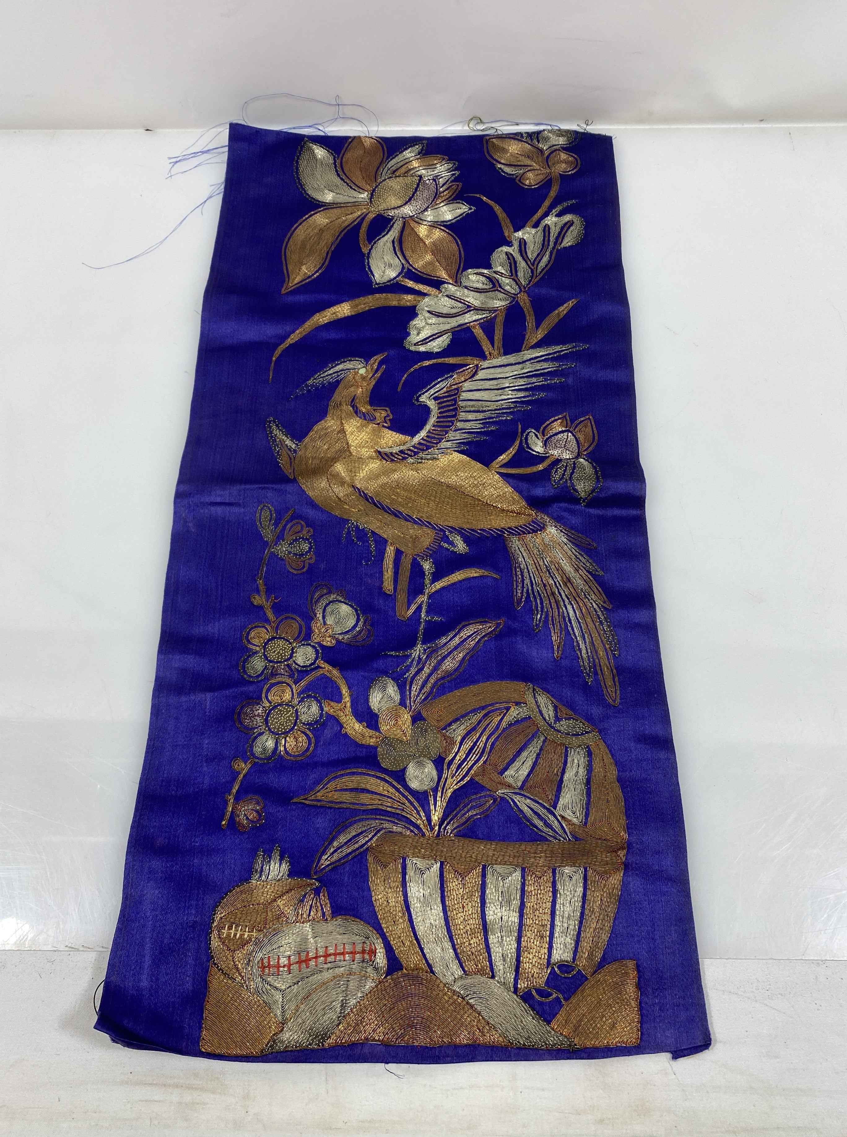 Vintage 1960s Royal Blue Ornamental Fabric with Gold Embroidered Nature Scene
