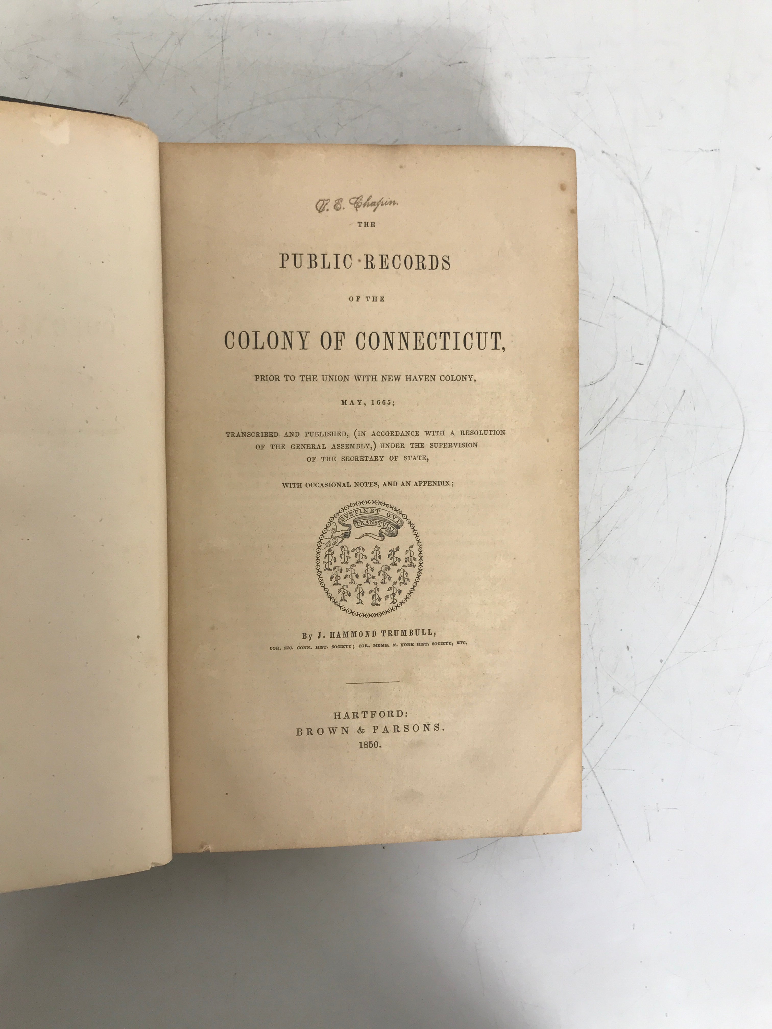 Lot of 2: Colony of Connecticut 1850/Colonial History of Hartford 1974 HC