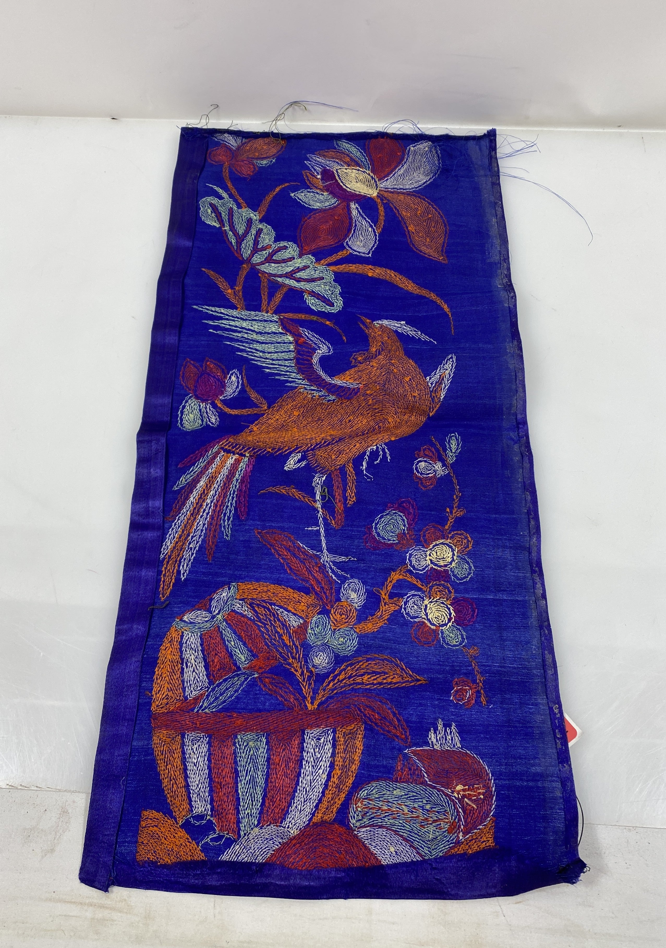 Vintage 1960s Royal Blue Ornamental Fabric with Gold Embroidered Nature Scene