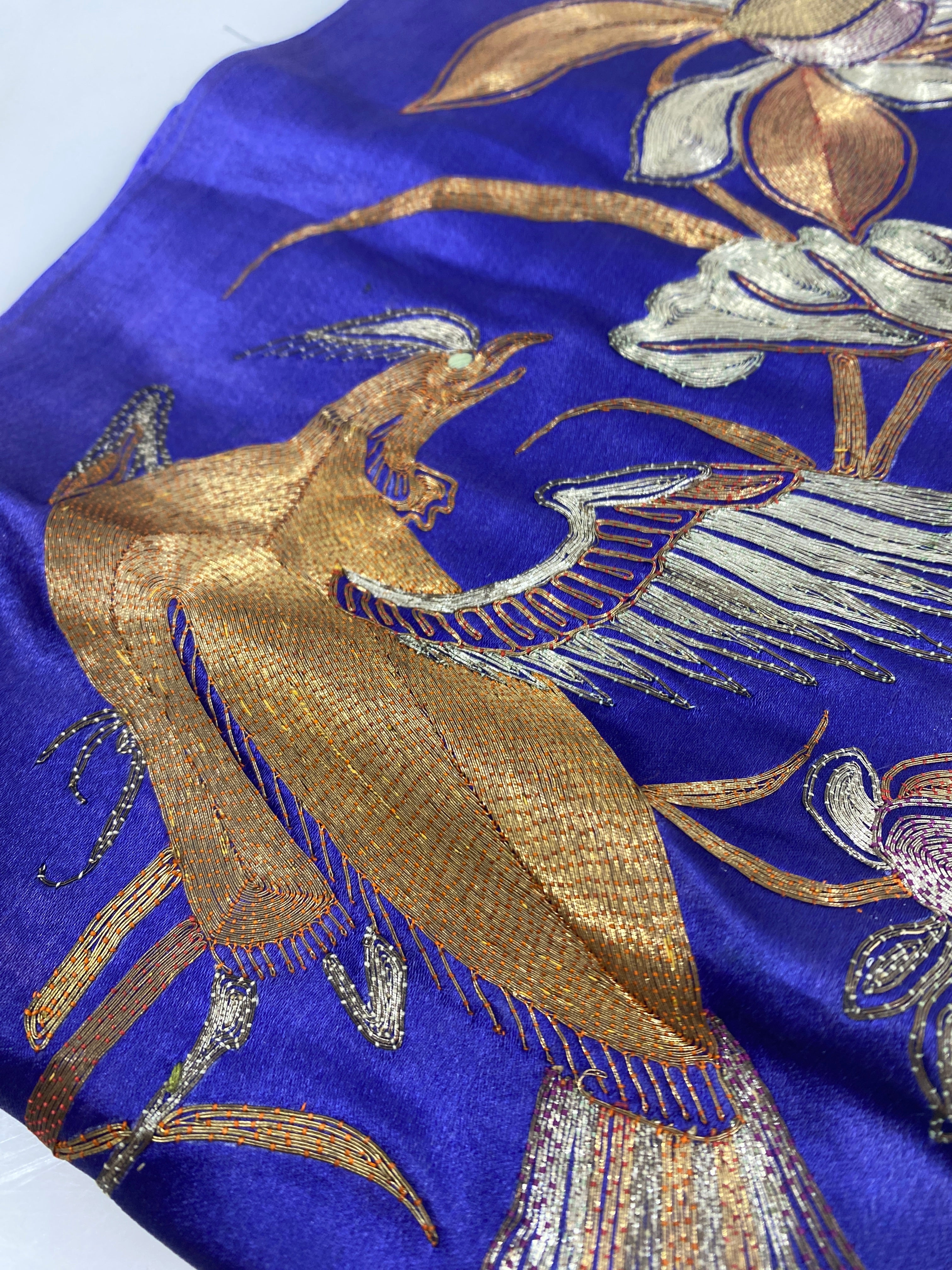 Vintage 1960s Royal Blue Ornamental Fabric with Gold Embroidered Nature Scene