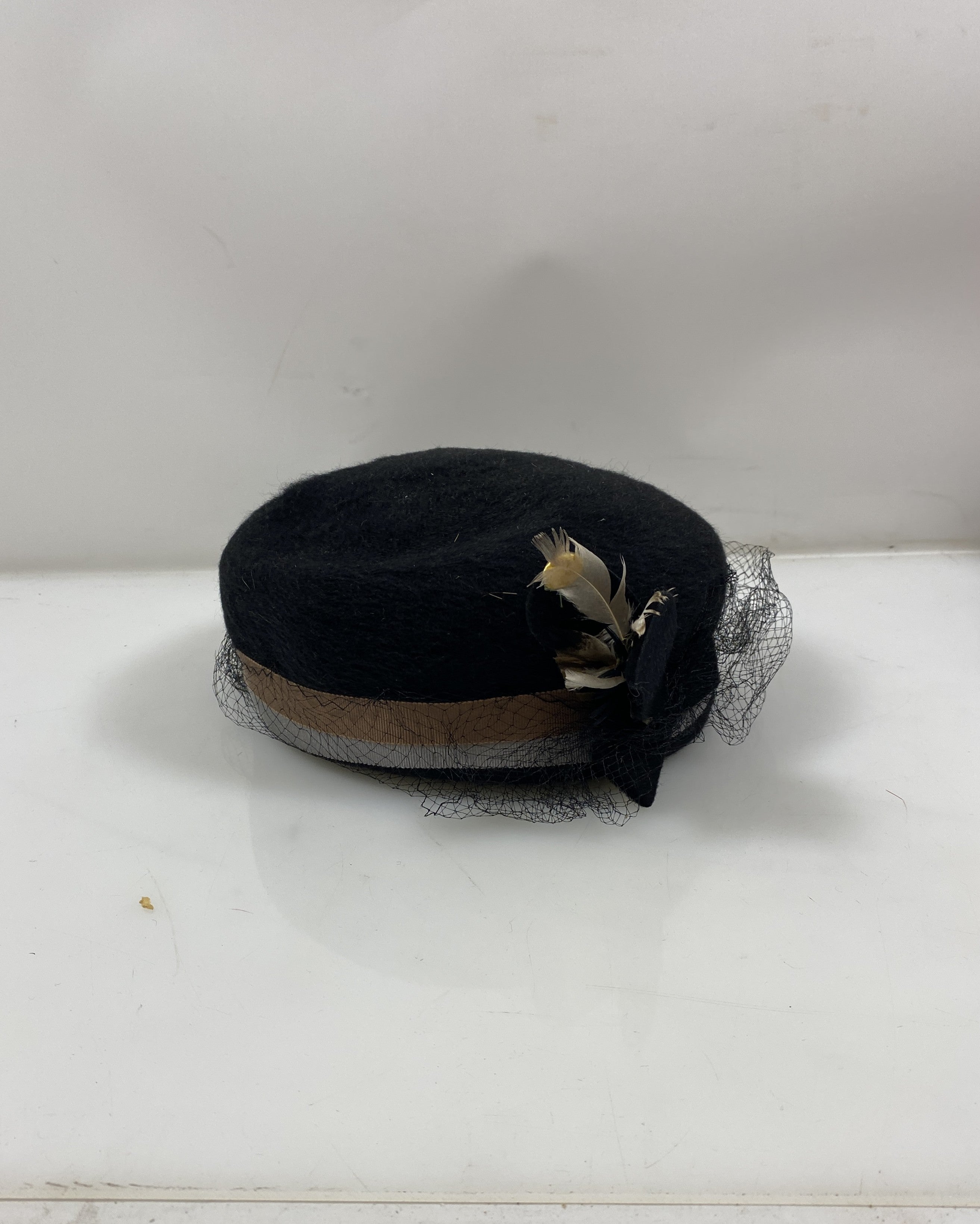 Vintage Chafeaux Louise Black Fur Pillbox Hat with Veil Detail