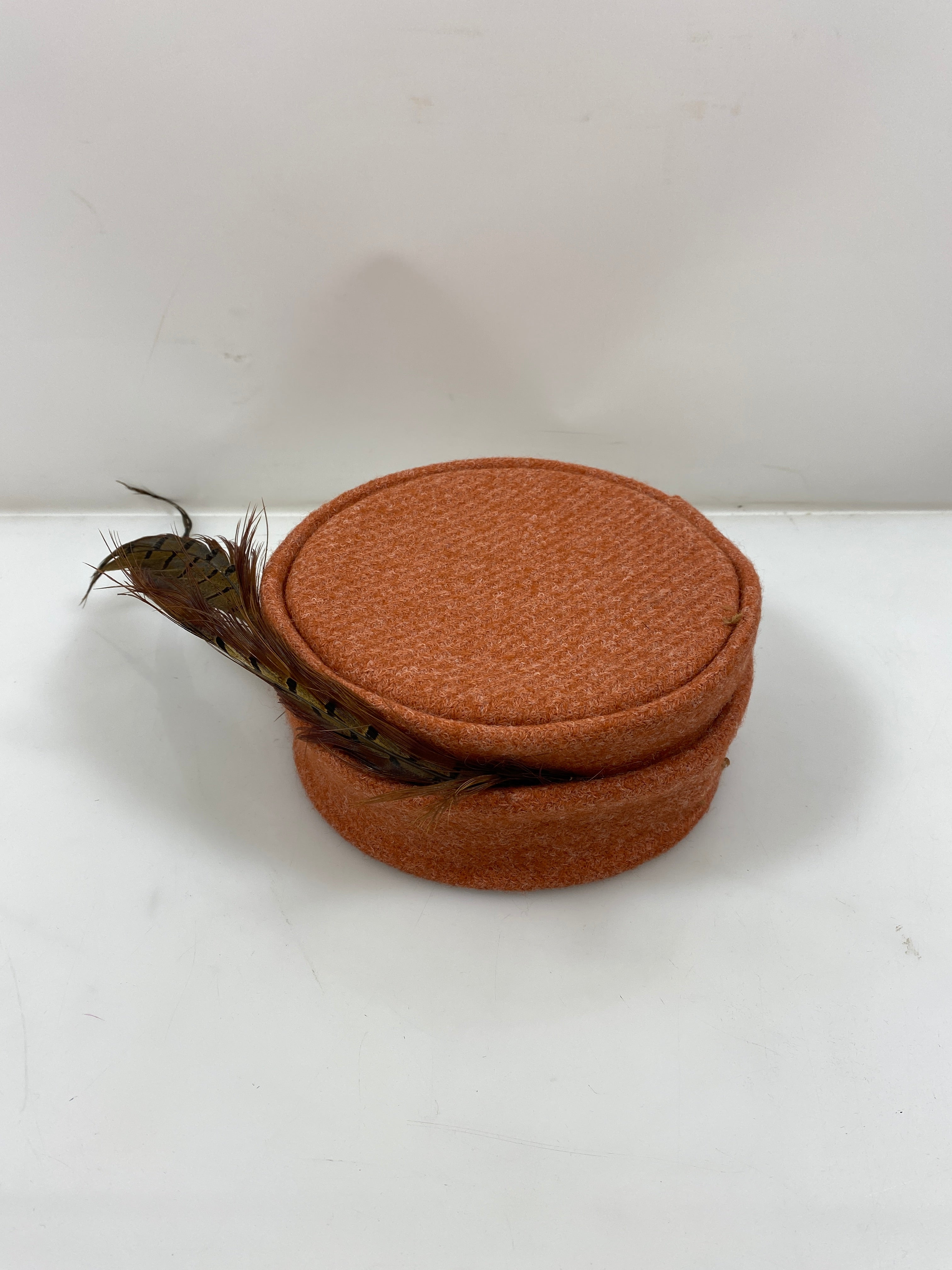 Vintage Red Pill Box Hat with Pheasant Feather