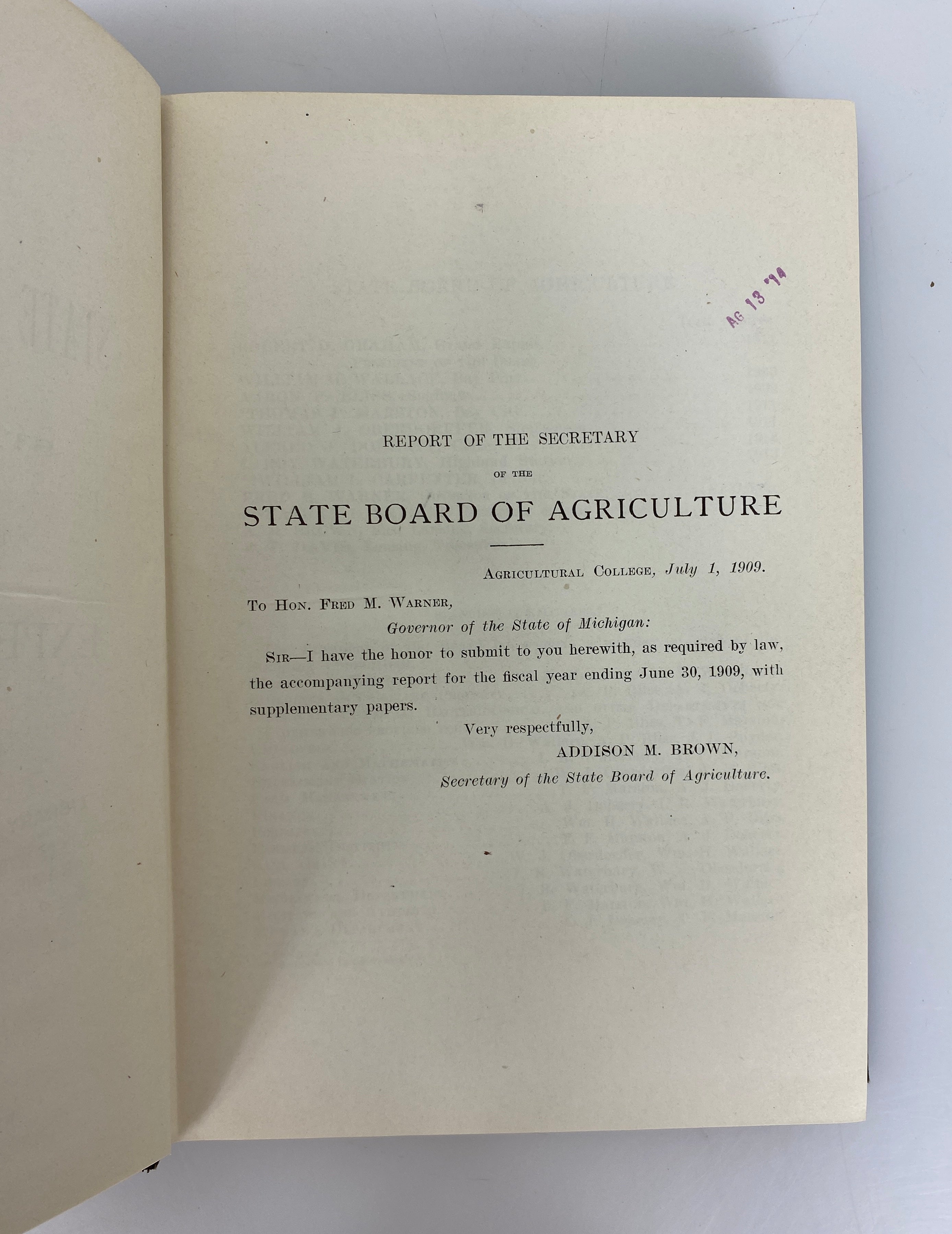 State of Michigan Board of Agriculture Report 1909 Antique Ex-Library HC