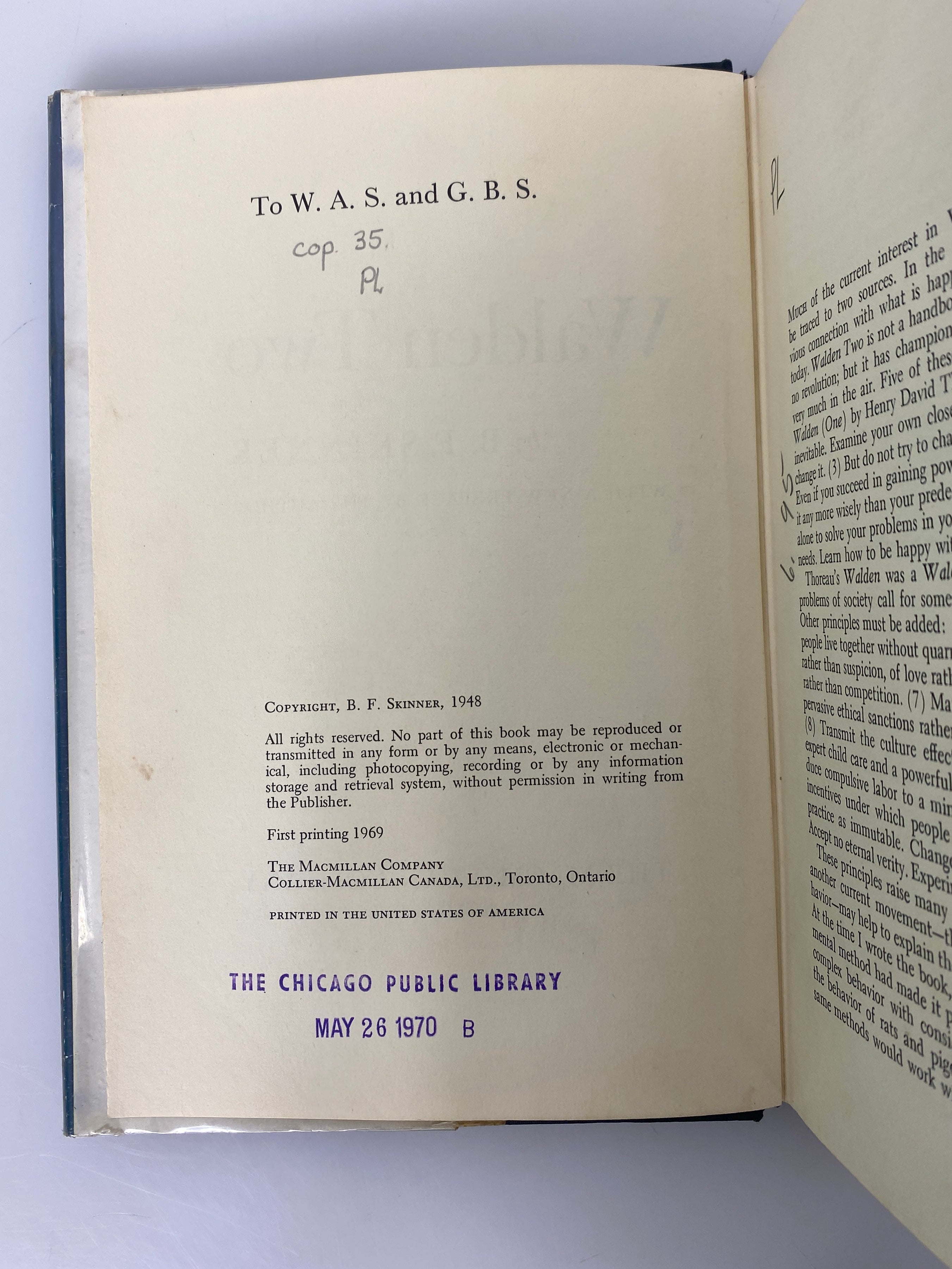 Walden Two by B.F. Skinner 1969 First Printing Ex-Library HC DJ
