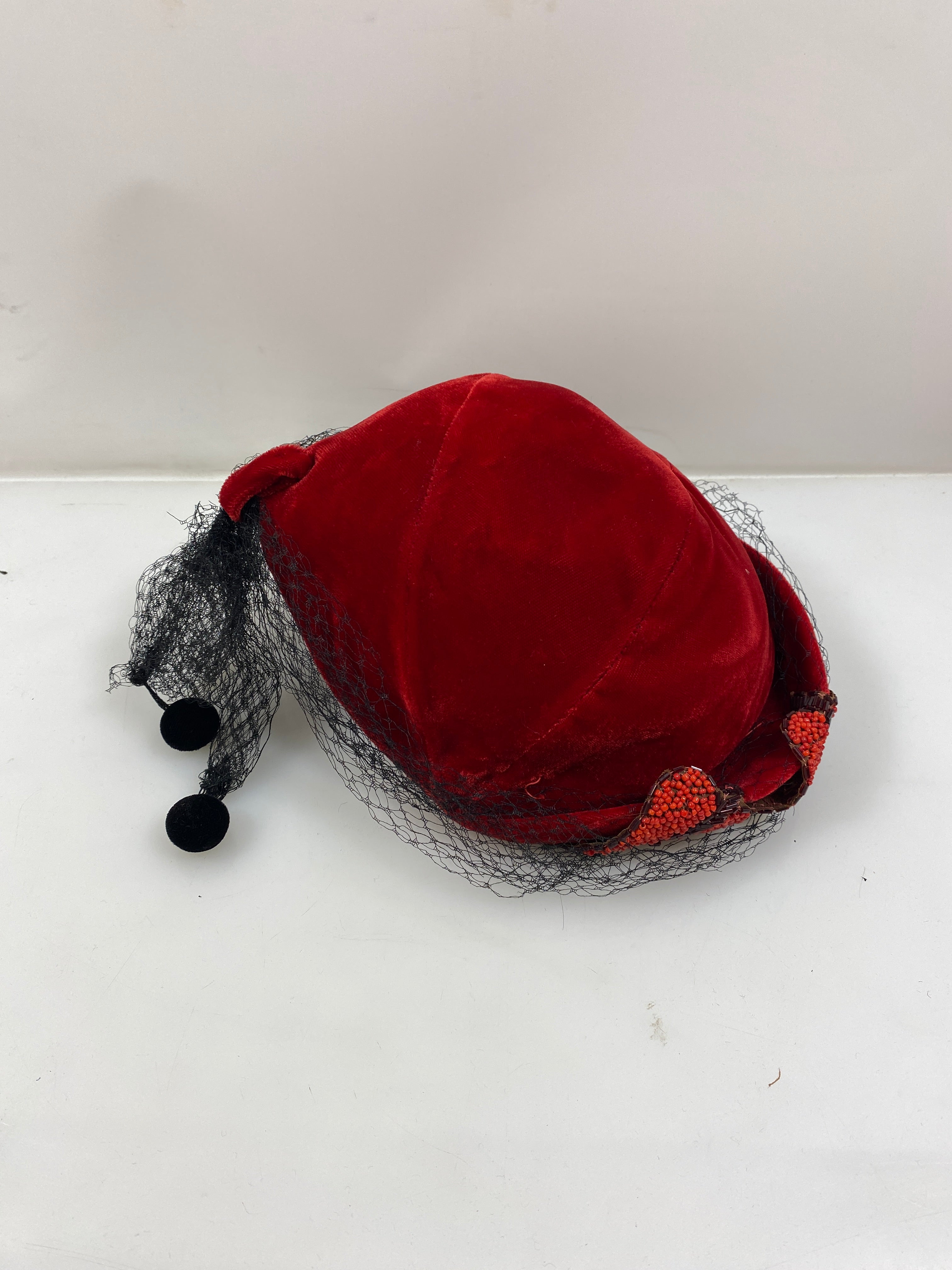 Vintage 1950s Red Velvet Pill Box Women's Hat with Black Lace and Beadwork