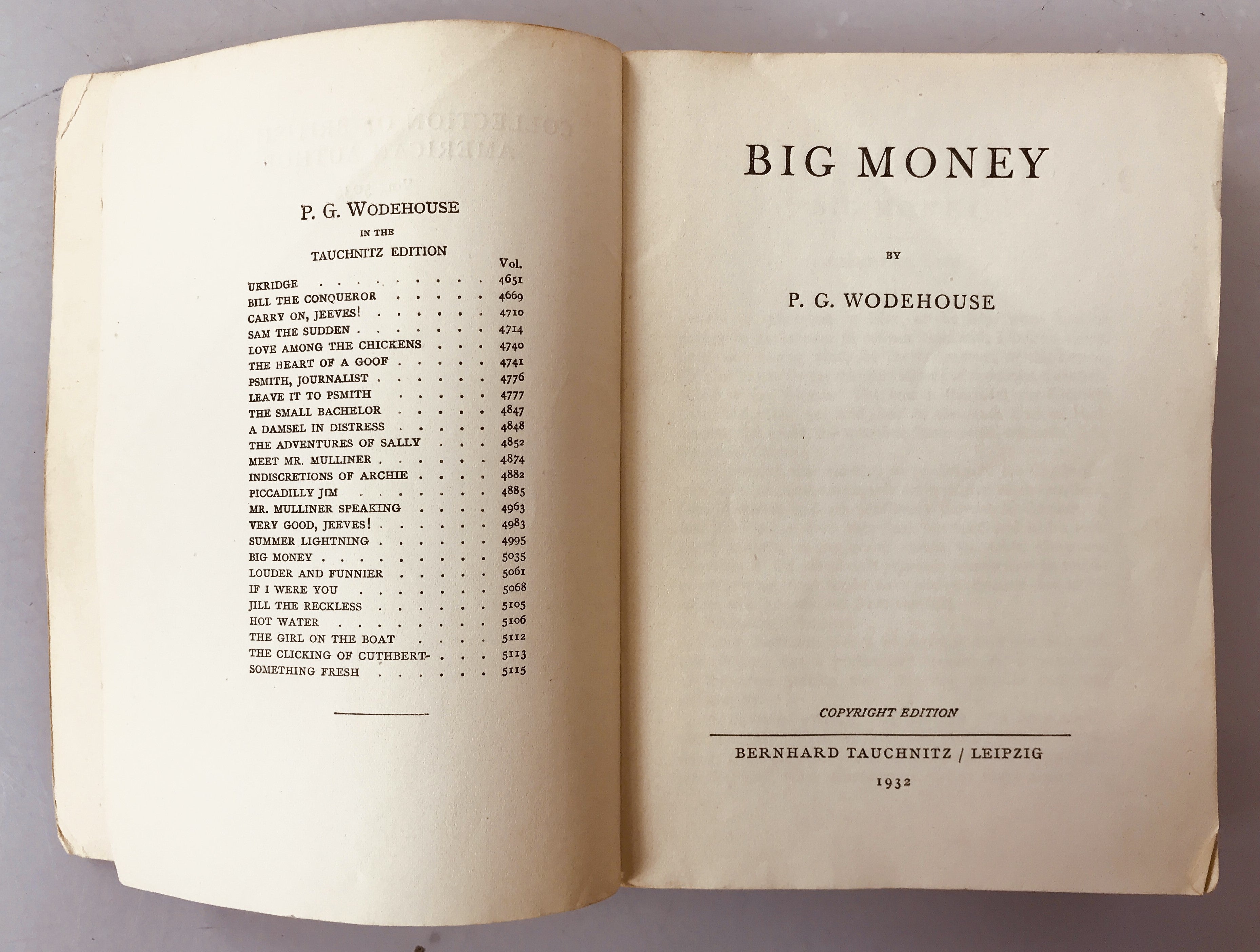 Big Money by P.G. Wodehouse Tauchnitz Edition Vol 5035 1932 SC