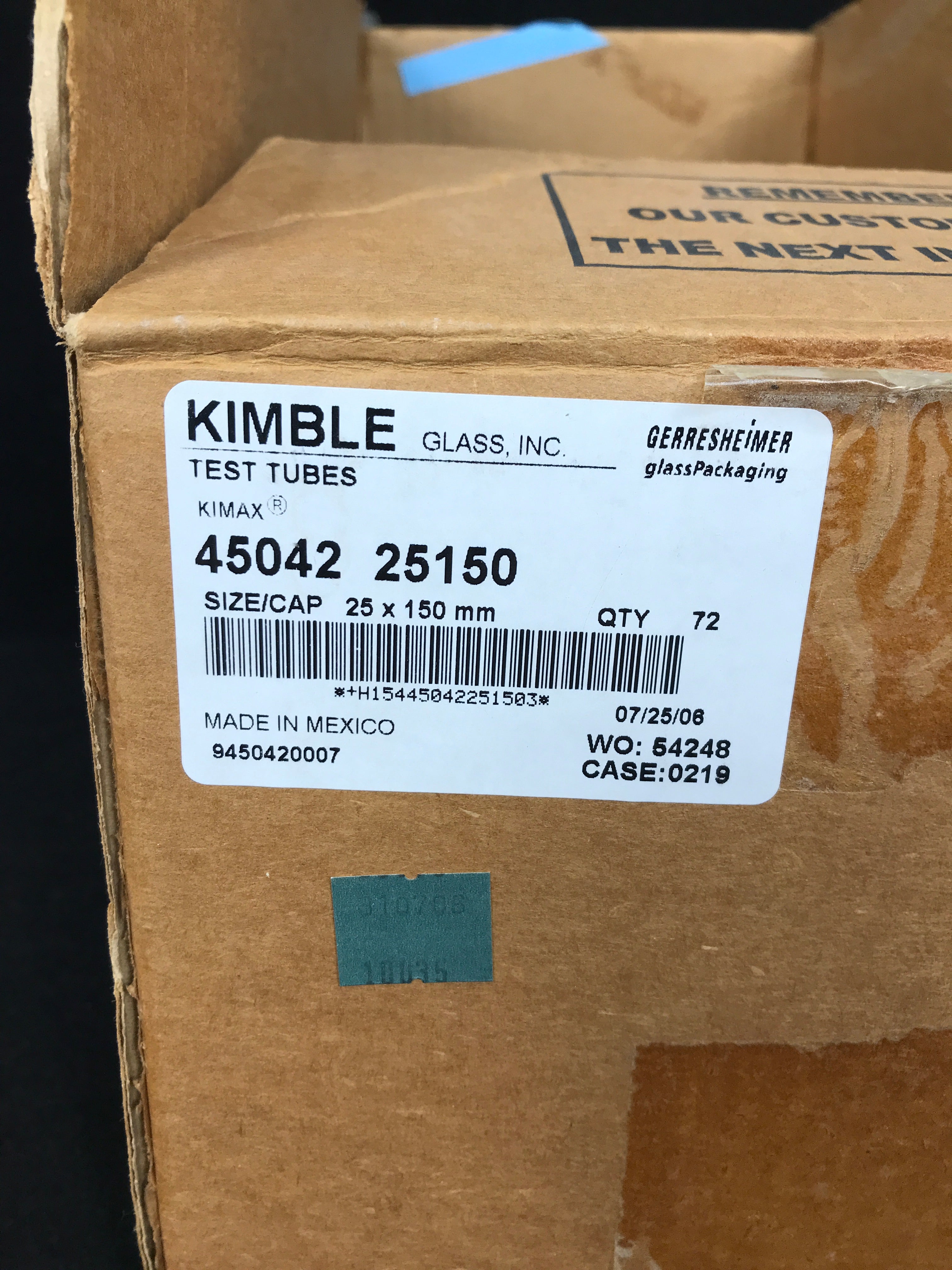 Box of 68 KIMAX Kimble Test Tubes No. 45042-25150 25x150mm