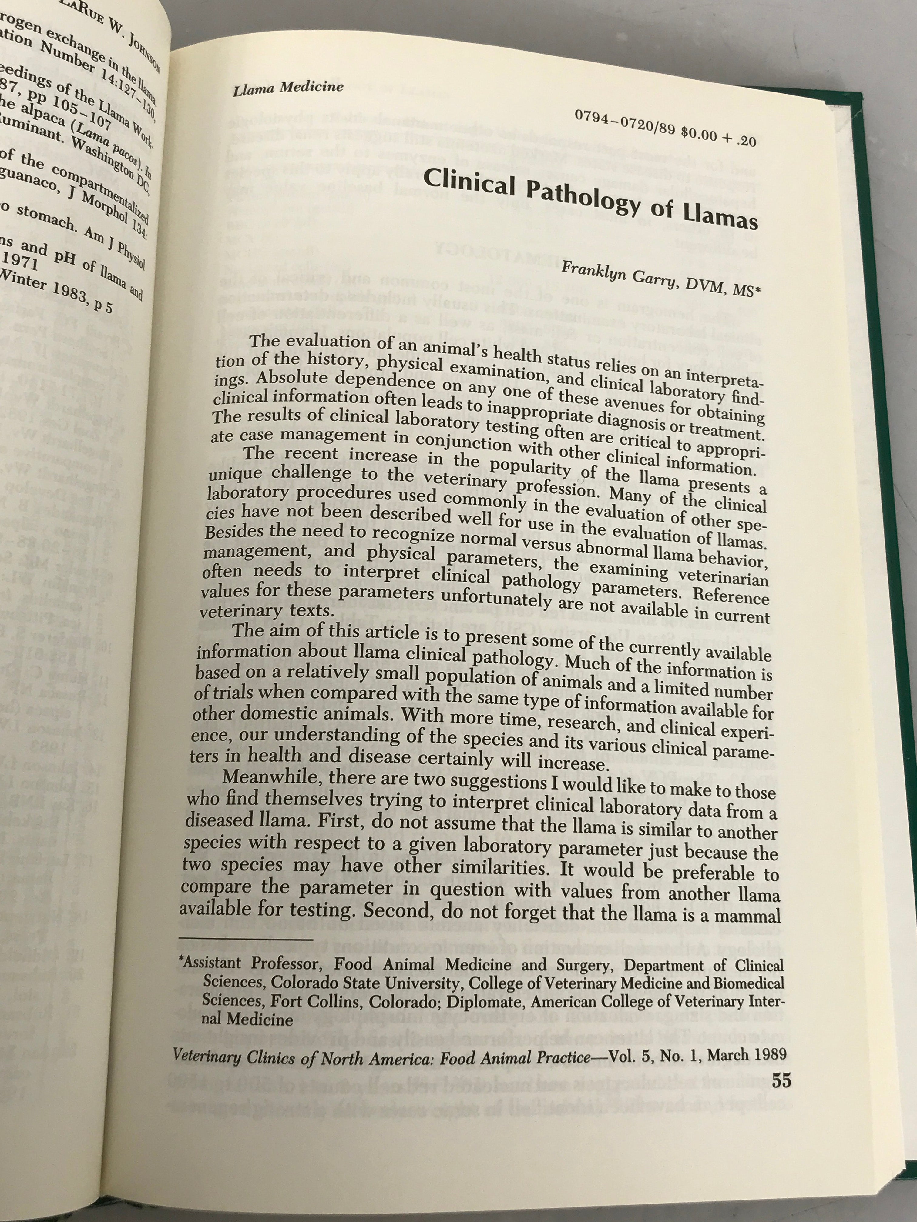 Llama Medicine from the Veterinary Clinics of North America March 1989 HC