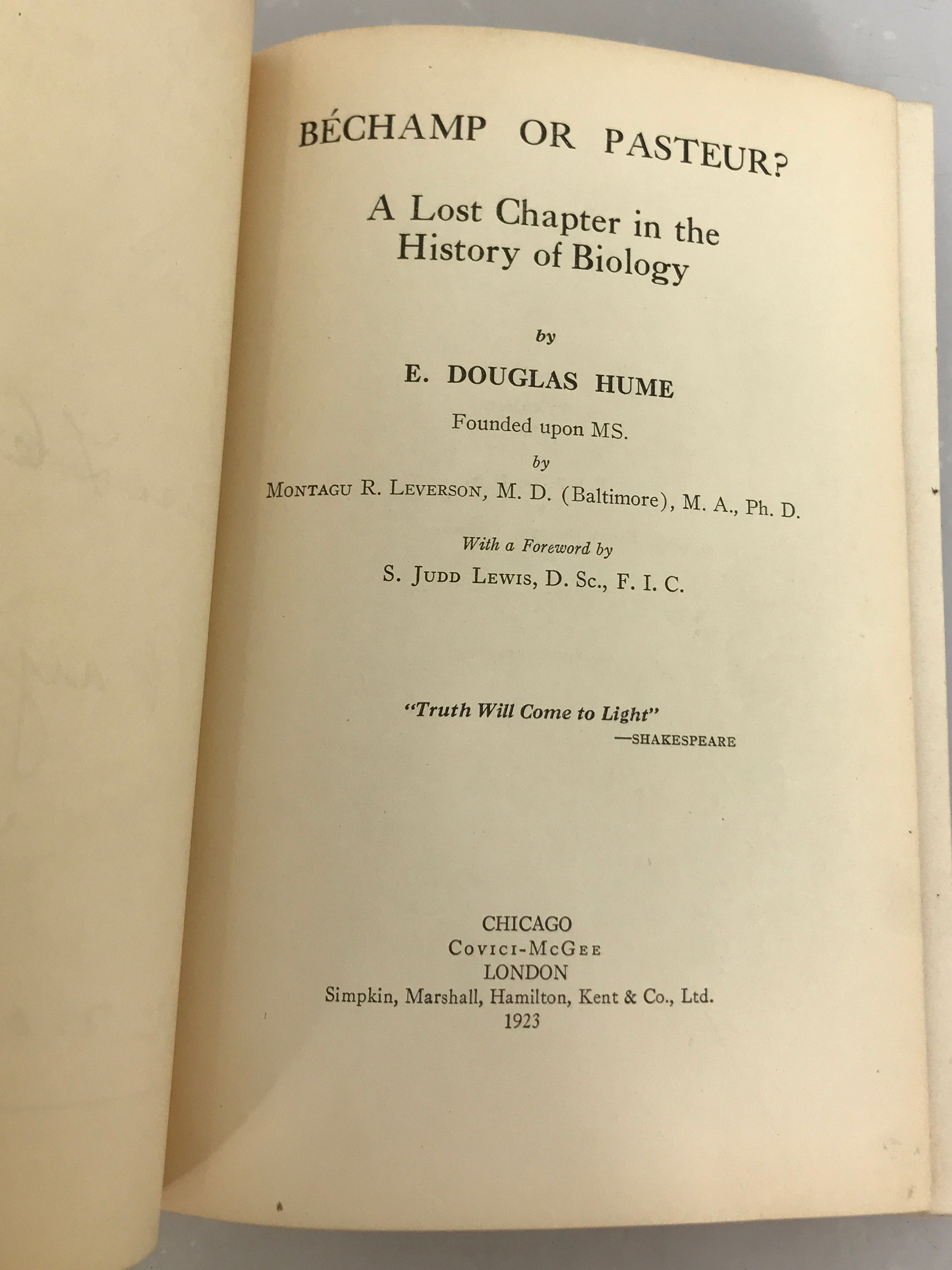 Rare First Edition Bechamp or Pasteur? by E. Douglas Hume 1923 HC