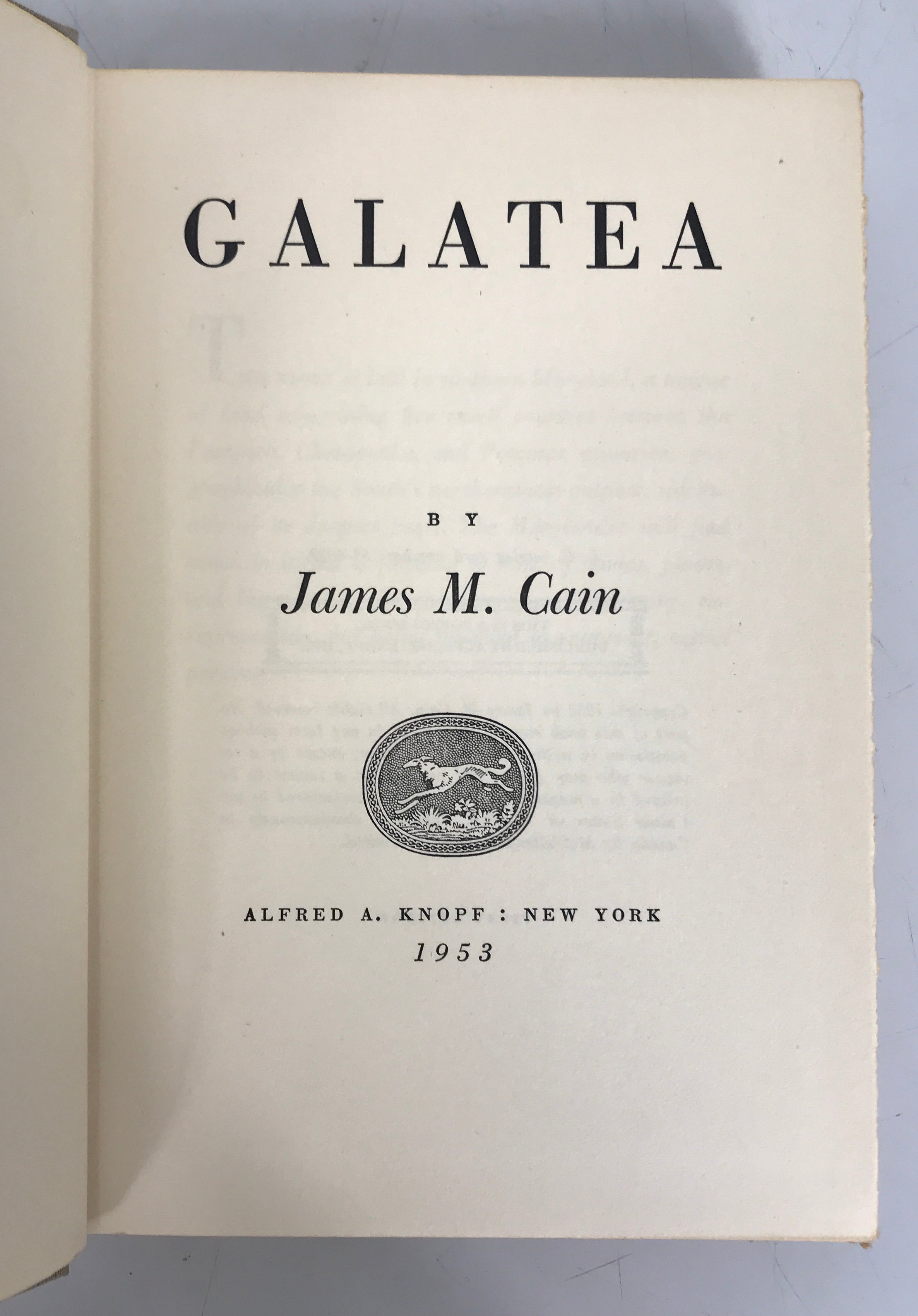 Galatea by James M. Cain 1953 First Edition HC