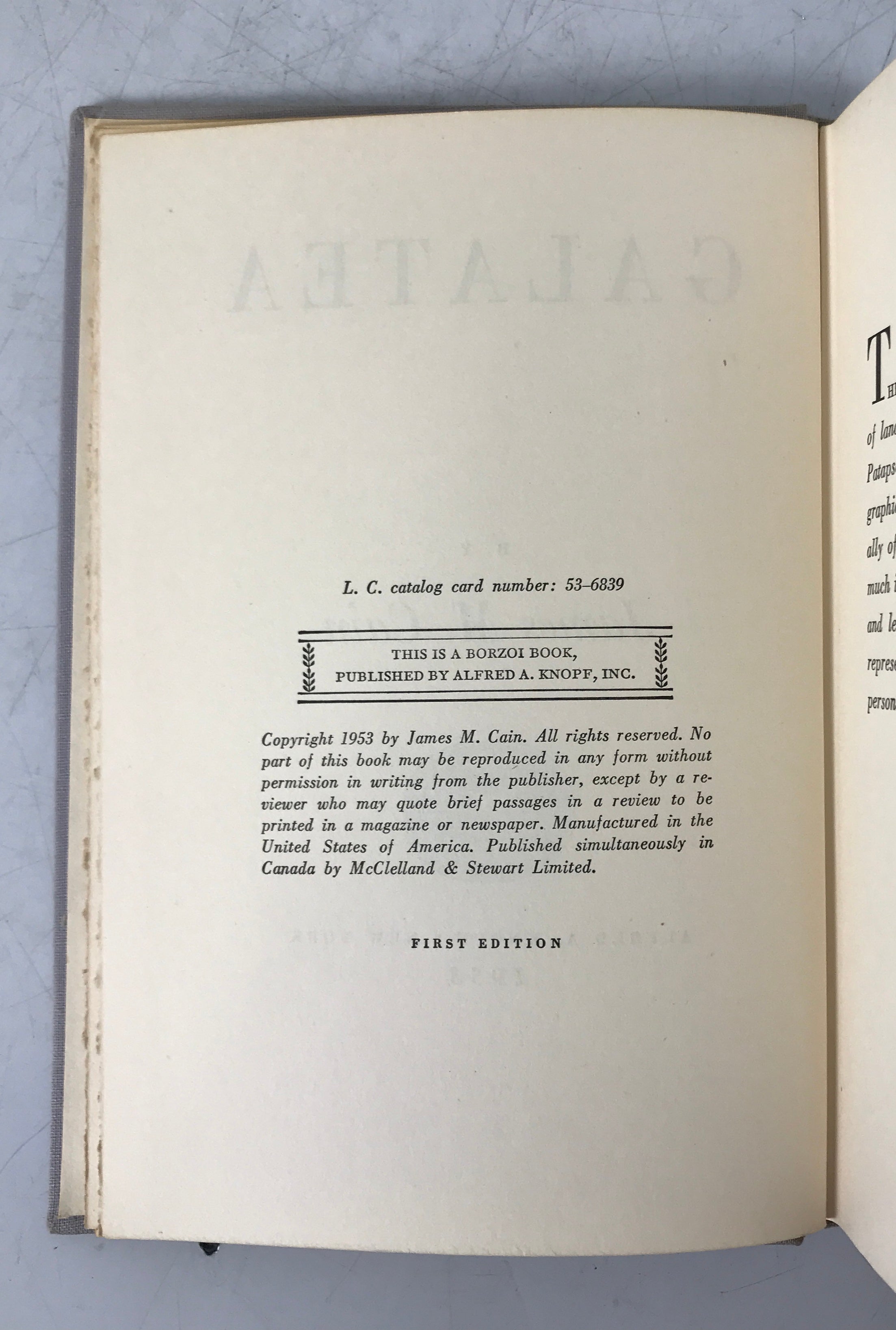 Galatea by James M. Cain 1953 First Edition HC