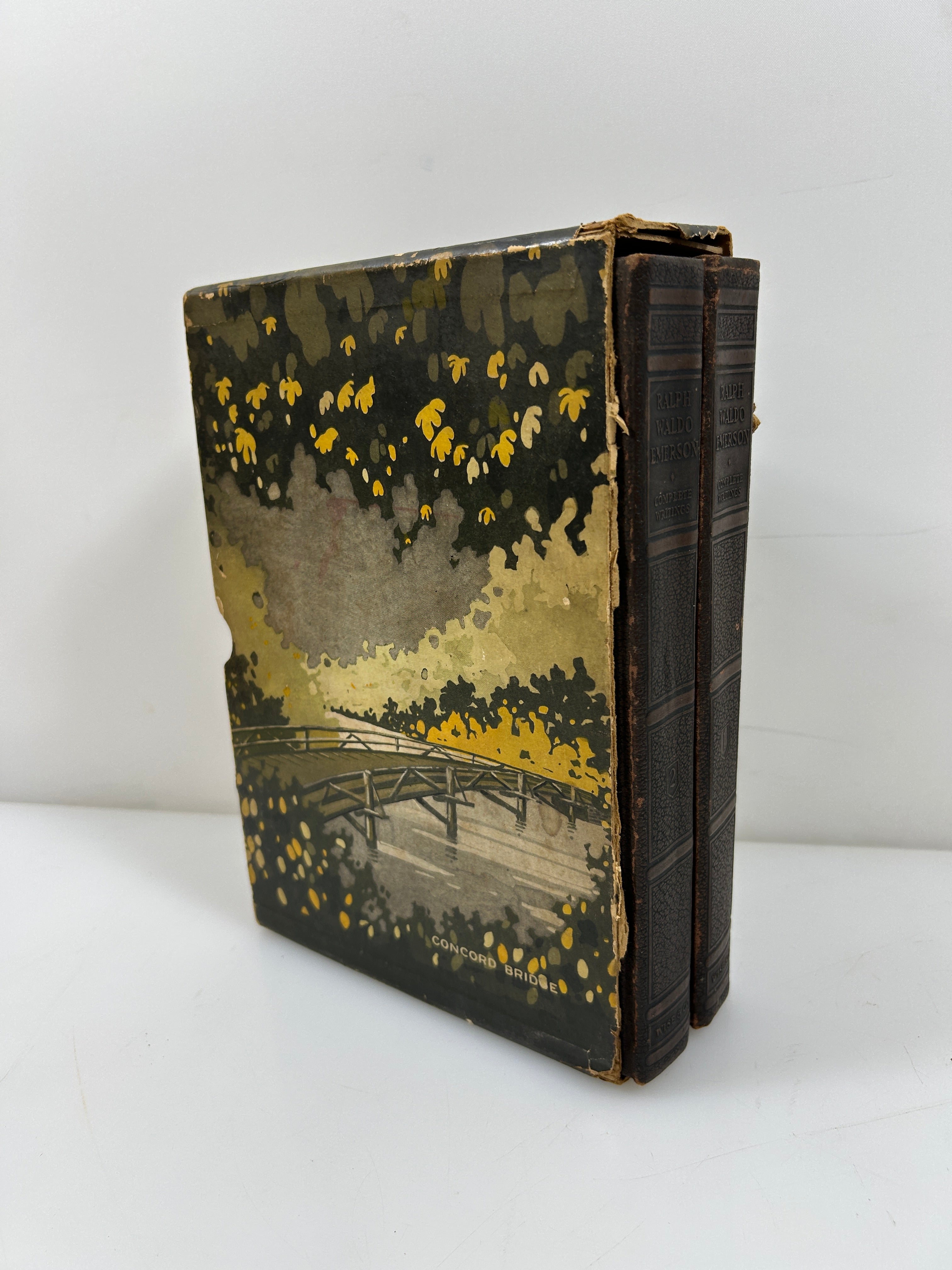 Ralph Waldo Emerson Complete Works 2 Leatherbound Vols in Slipcase 1929 HC
